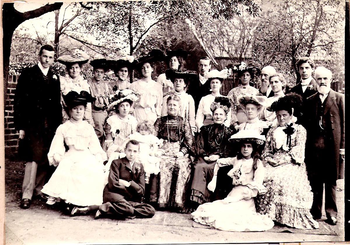 Charles and Edith CARRINGTON’s wedding. Donald Boyd BEARMAN, front row left, Gertrude SANDELL, front row right, Keturah in centre front row sitting, Emily HOWSON, back row 4th from left; then going right, Elsie and Hilda BEARMAN, Edward S MIDDLEMISS, Rhoda HOWSON; just in front to his left, Ida SANDELL, Nathaniel KEVAN; to his right, Mrs KEVAN, née MANN