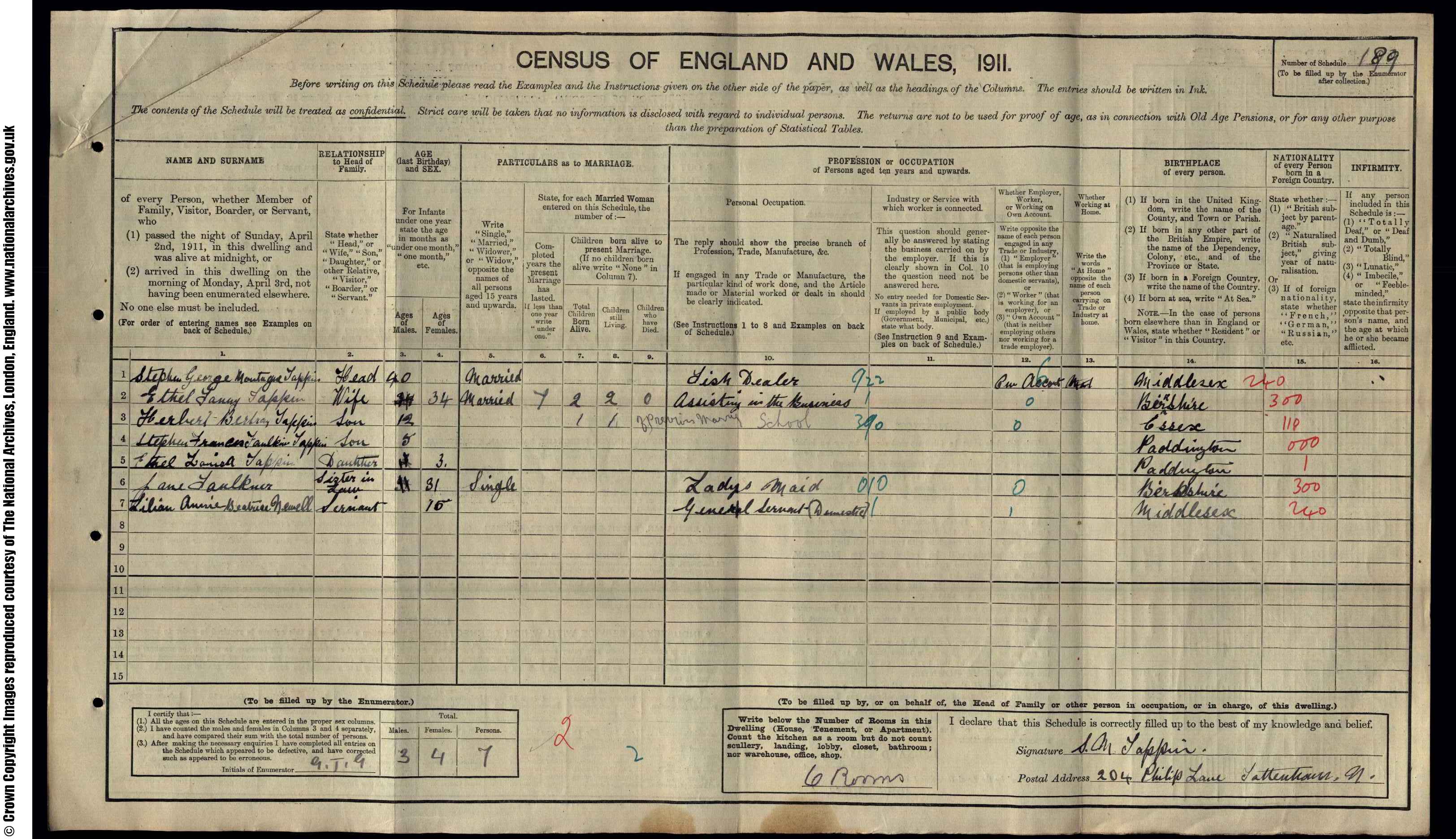 1911: 204  Philip Lane Tottenham, Middlesex
