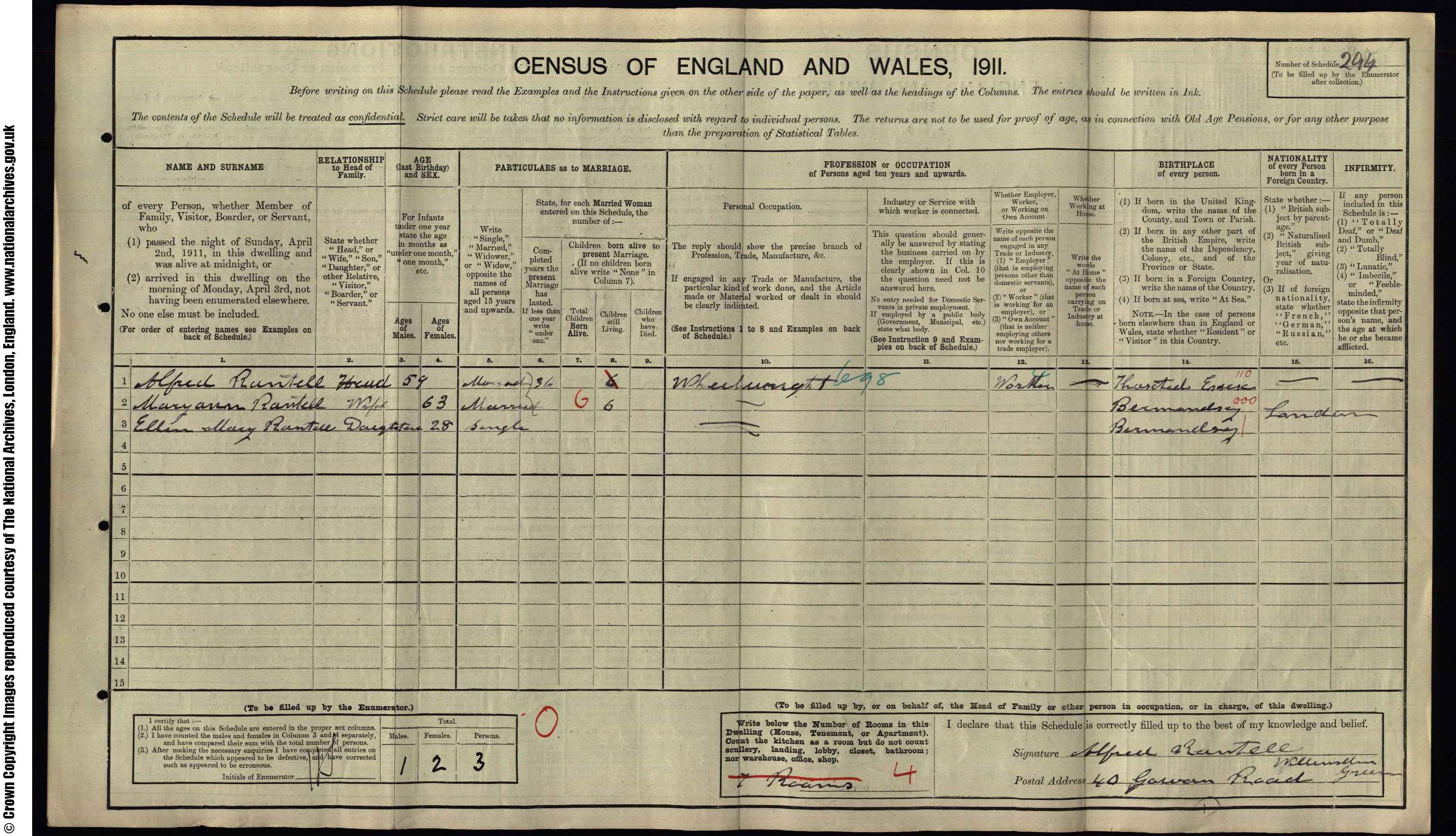 1911: 40  Gowan Road Willesden Green N W, Middlesex