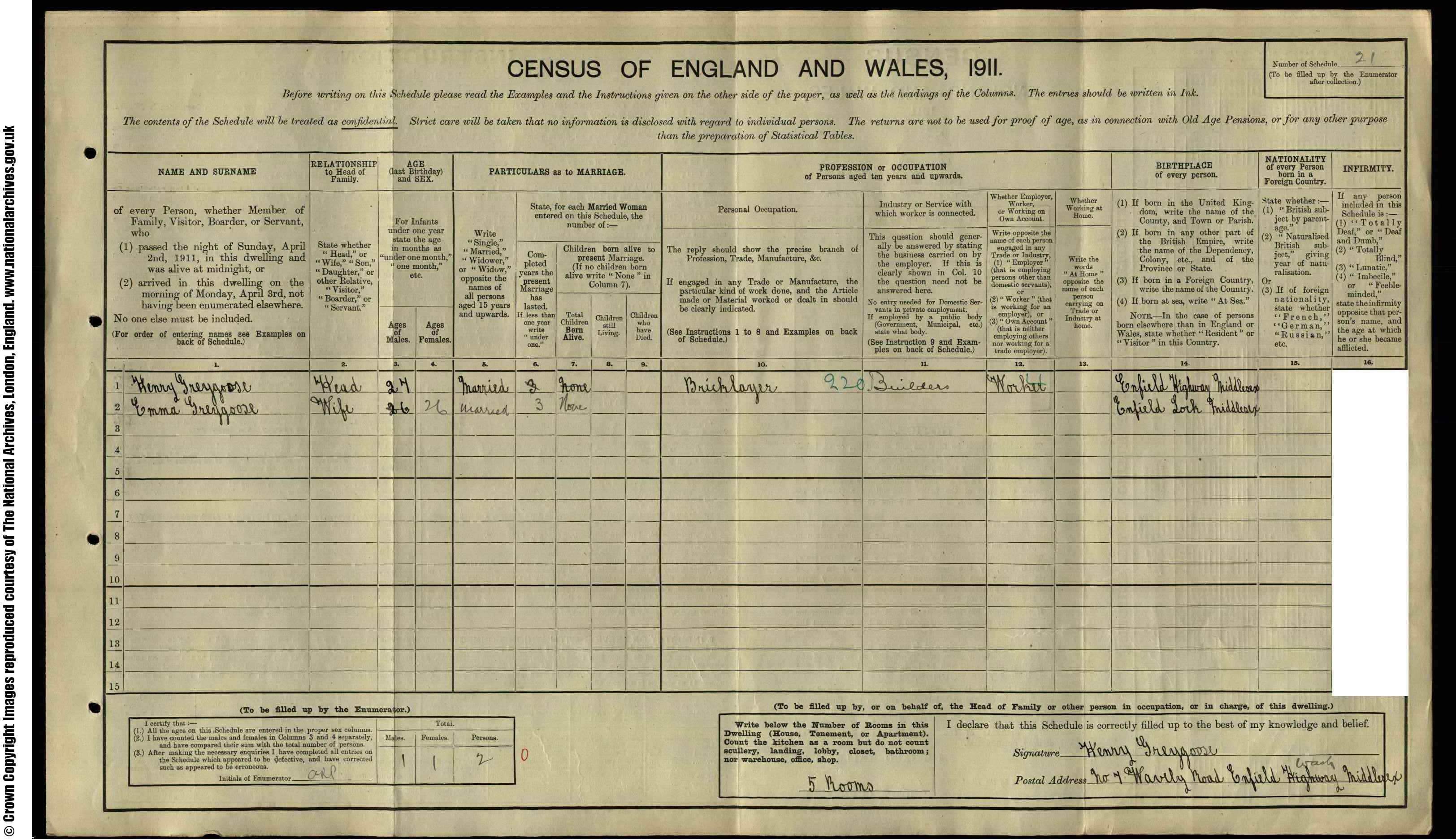 1911: 7  Waverley Road Enfield Wash N, Middlesex