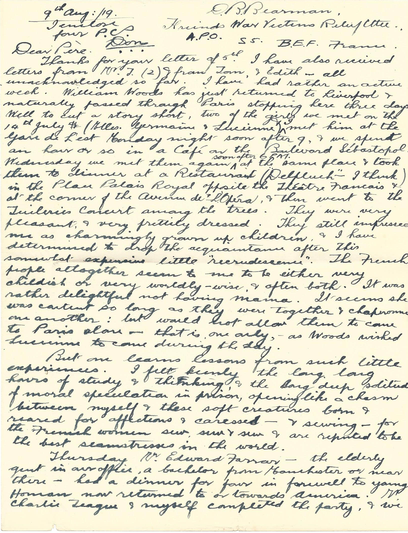 1919-08-09 p1 Donald Bearman letter to his father