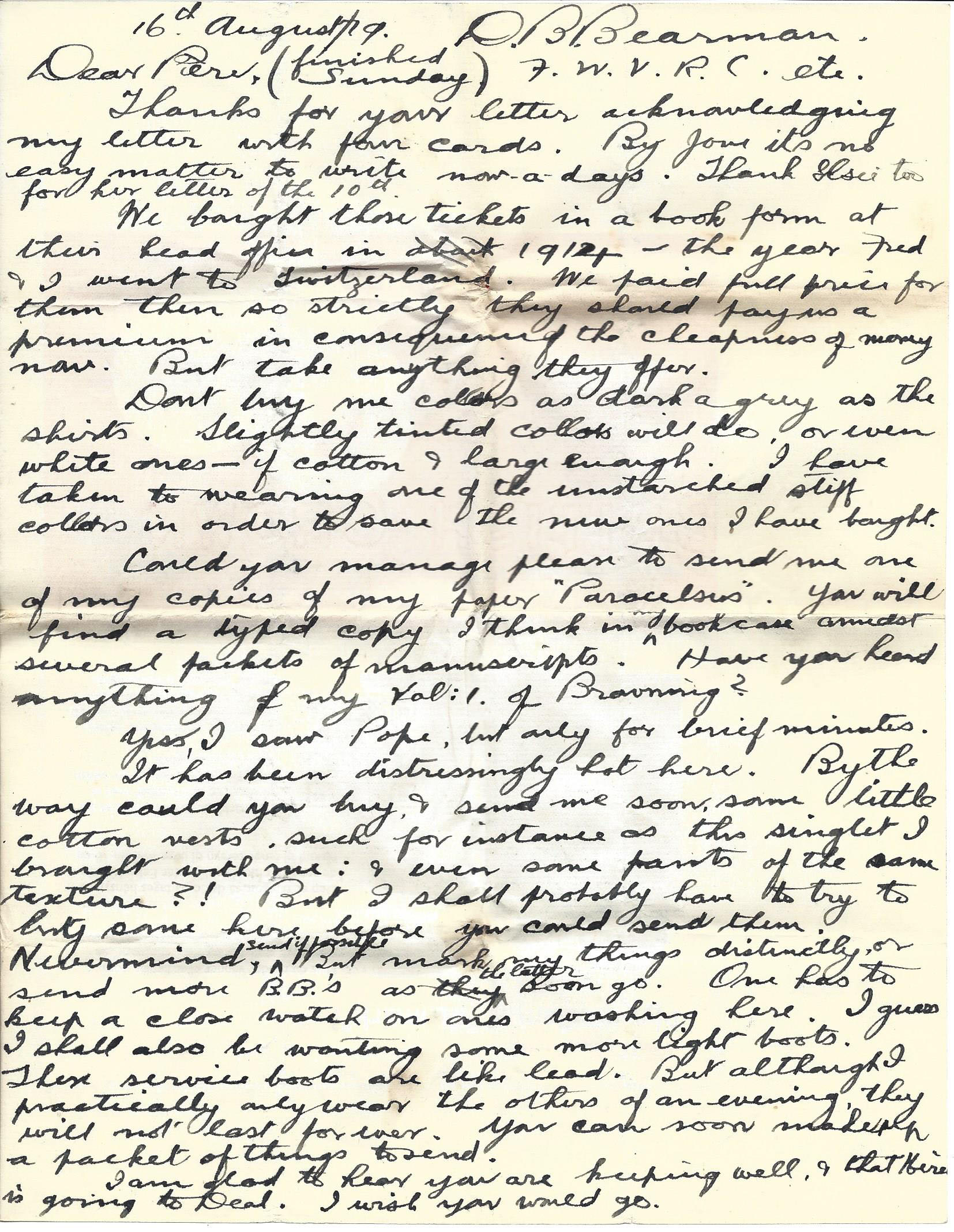 1919-08-16 p1 Donald Bearman letter to his father