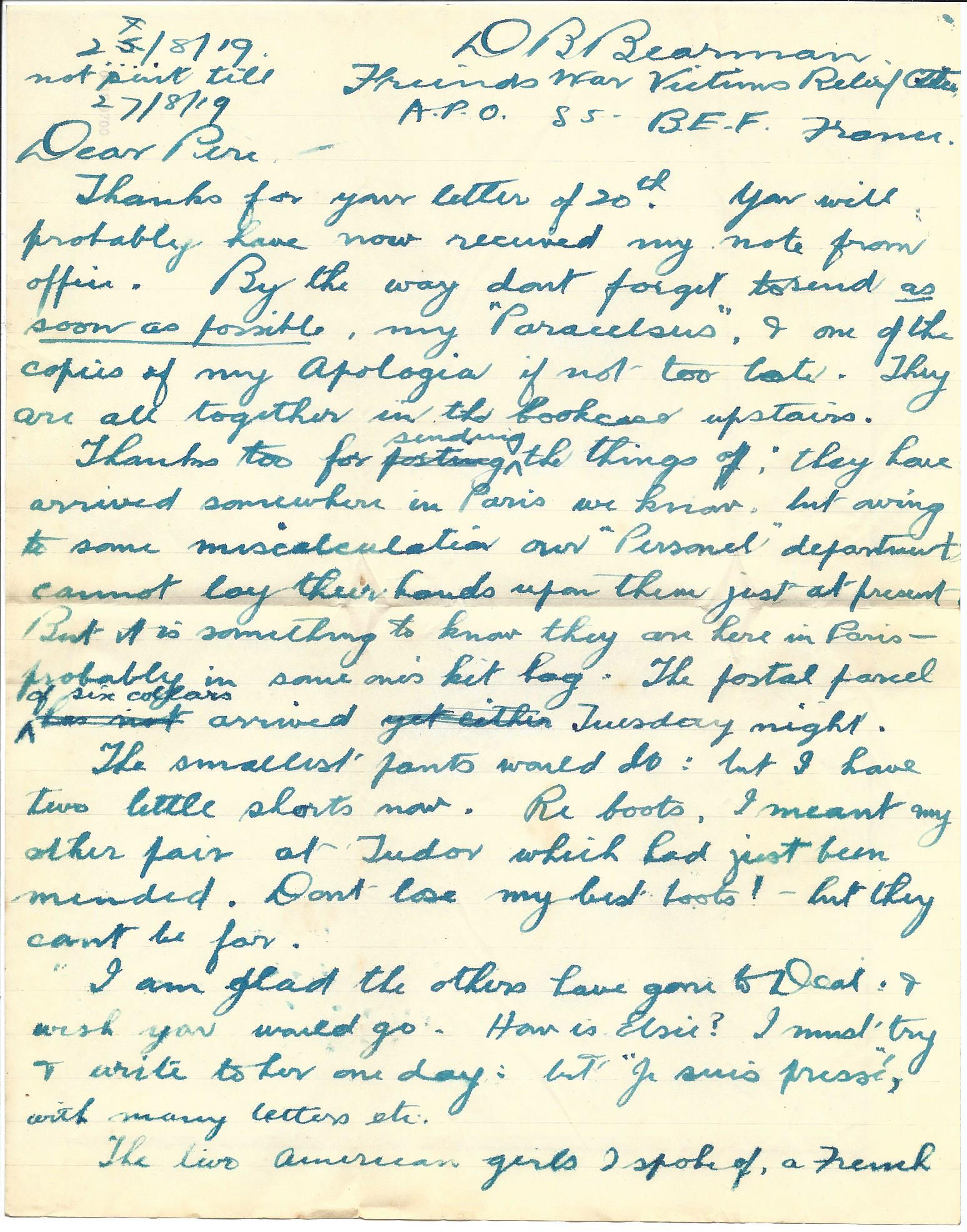 1919-08-27 page 1 letter by Donald Bearman