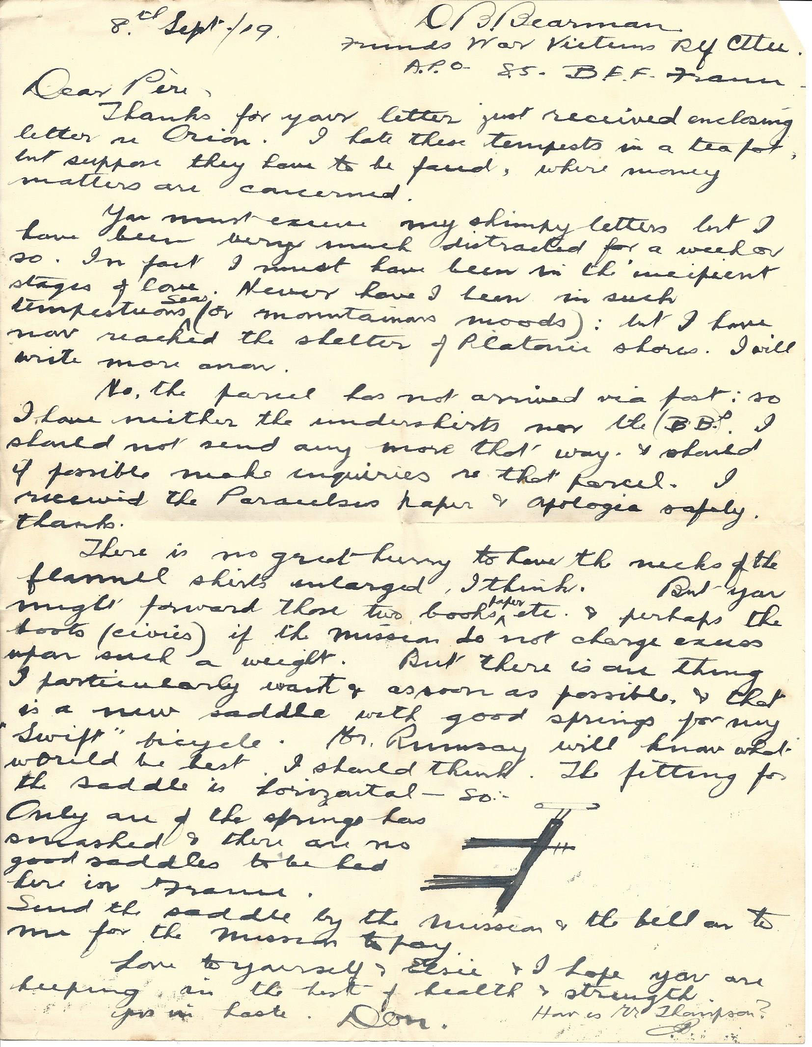 1919-09-08 Donald Bearman letter to his father