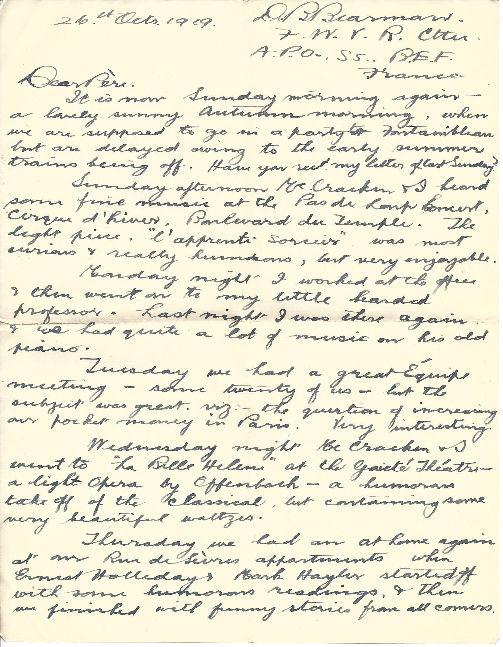 1919-10-26 Page 1 letter by Donald Bearman