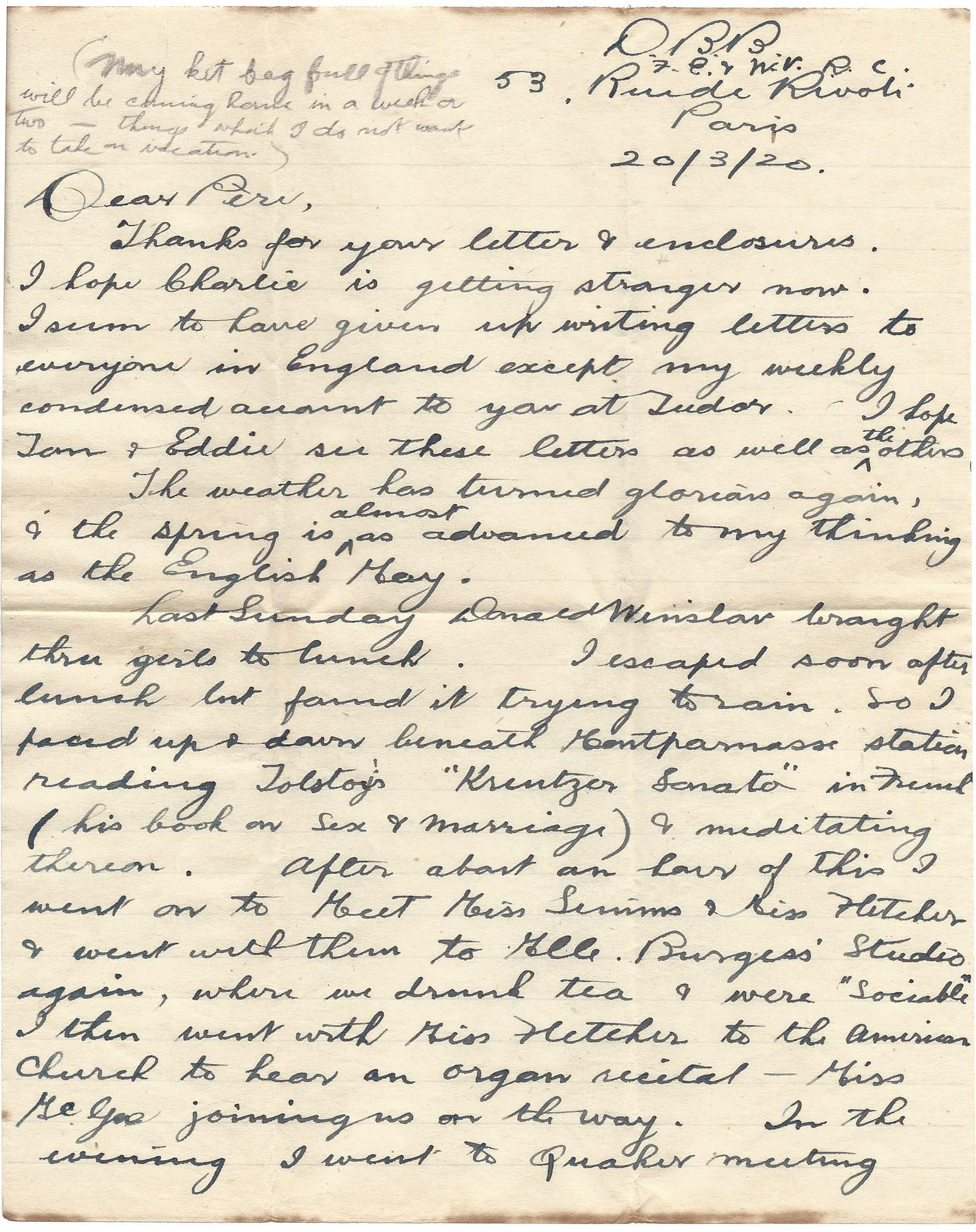Page 1 letter Donald Bearman to father 20th March 1920