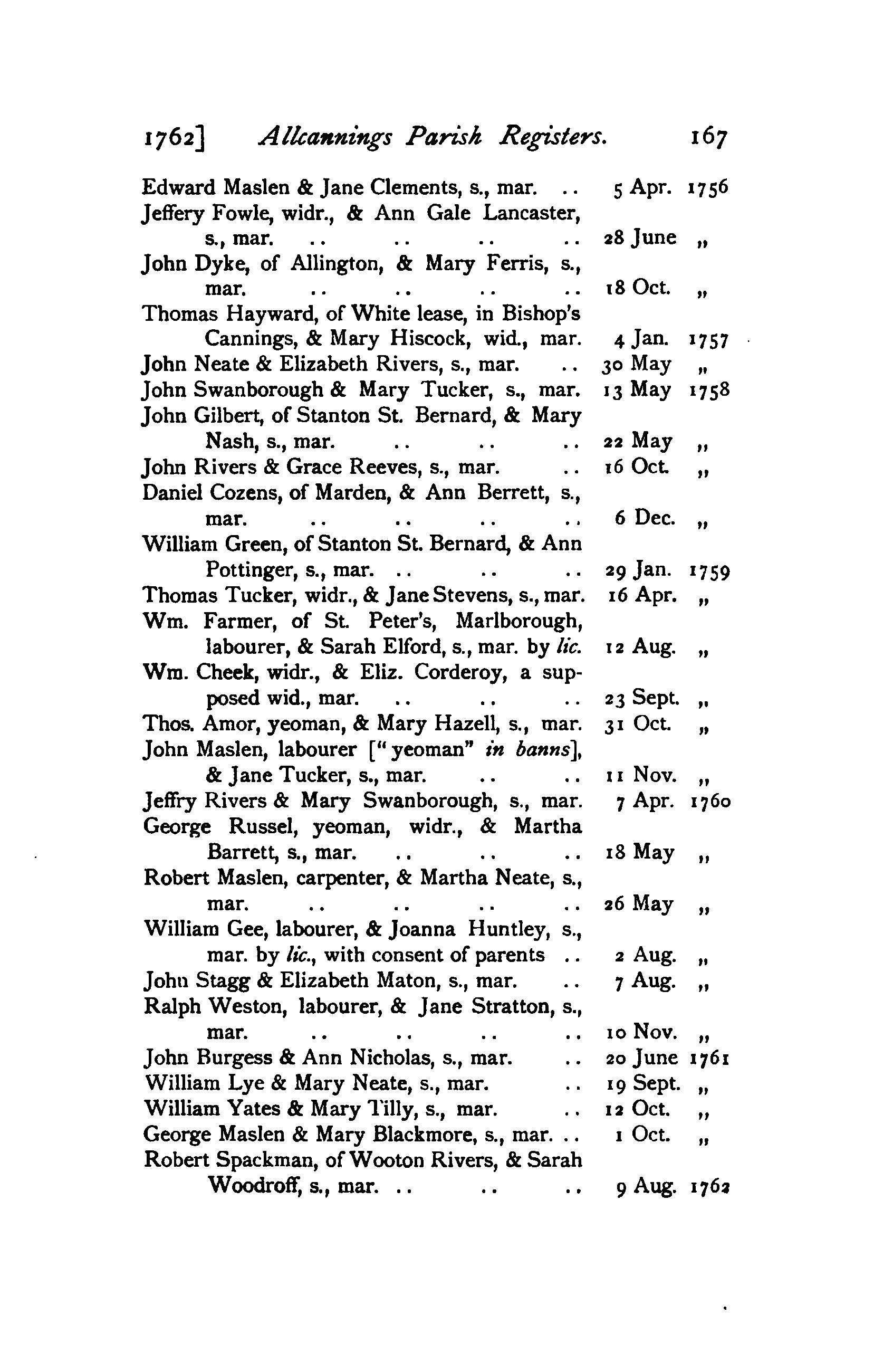 1758 marriages of Jane Stevens to Thomas Tucker and John Swanborough to Mary Tucker