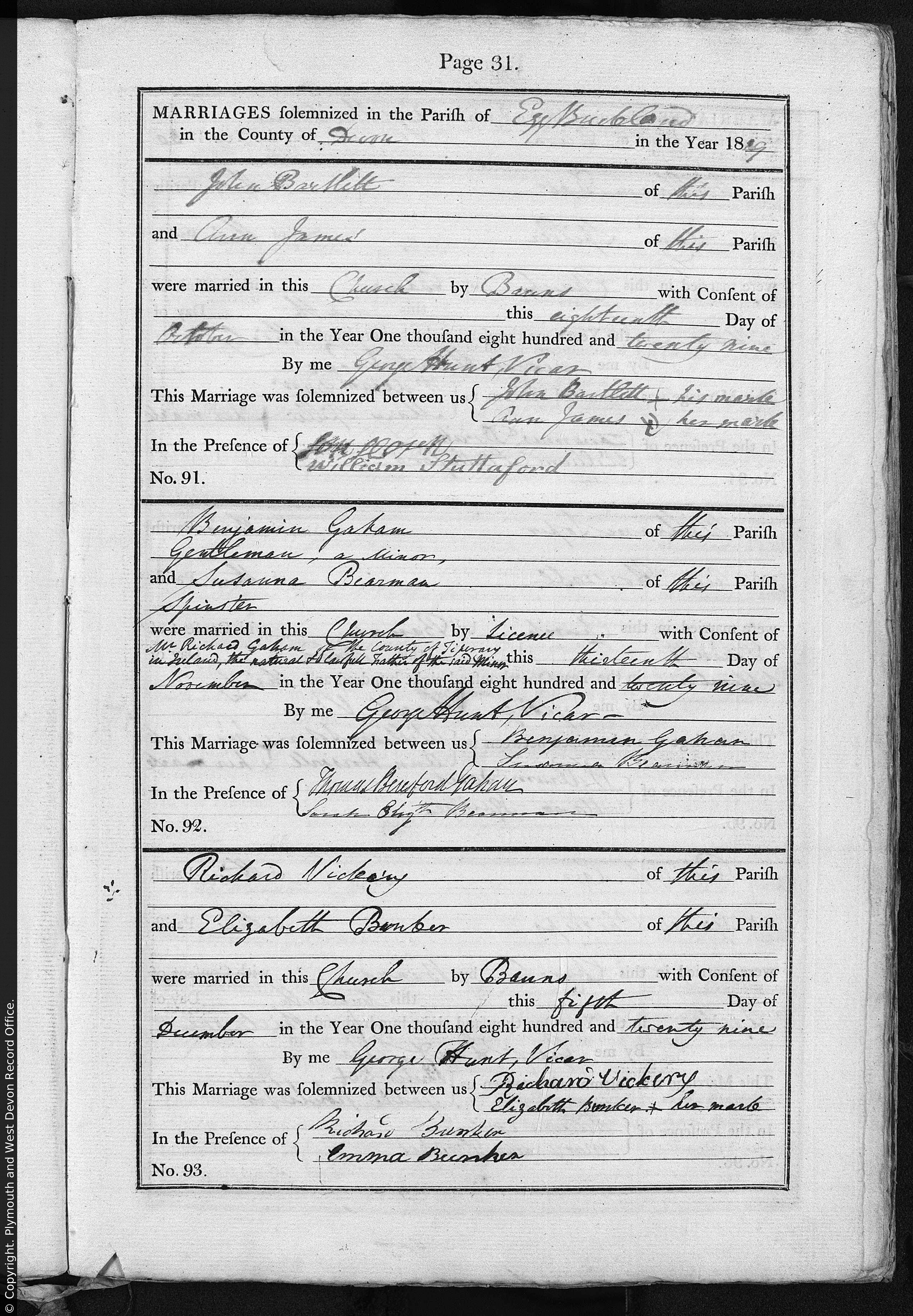 1829 marriage of Susannah Bearman to Benjamin Gahan