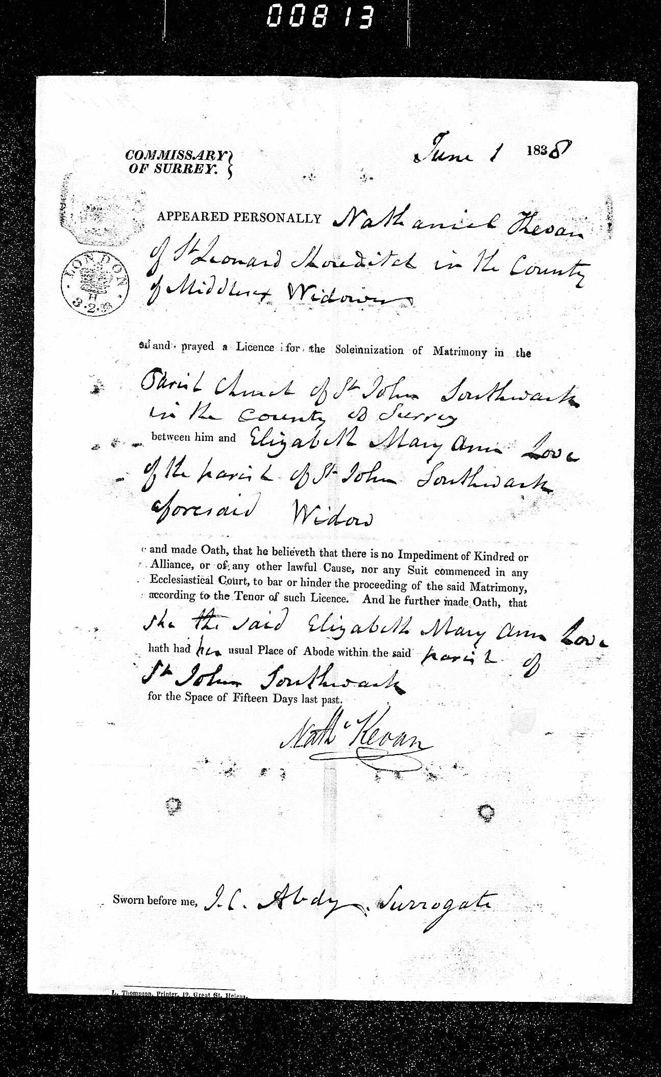 1838 marriage of Elizabeth Mary Ann Armitage to Nathaniel Kevan