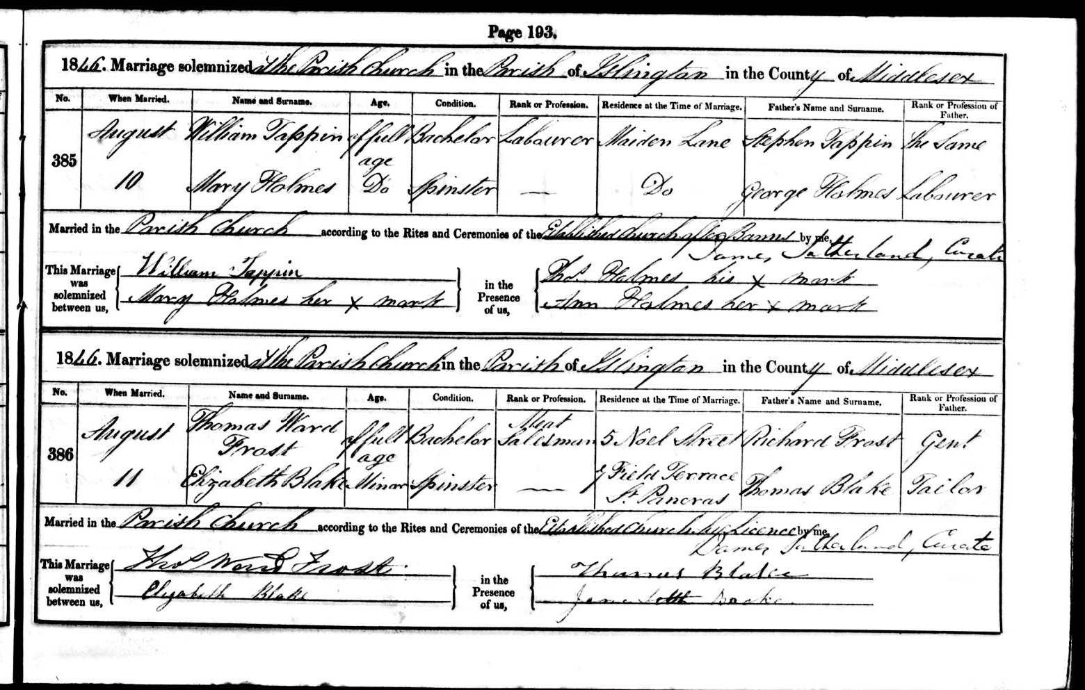 1846 marriage of Mary Holmes to William Tappin