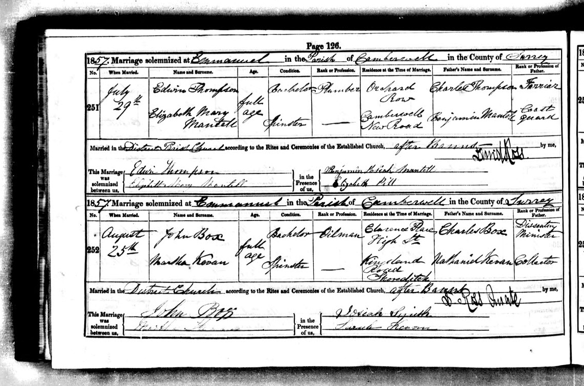 1857 marriage of Martha Kevan to John Box