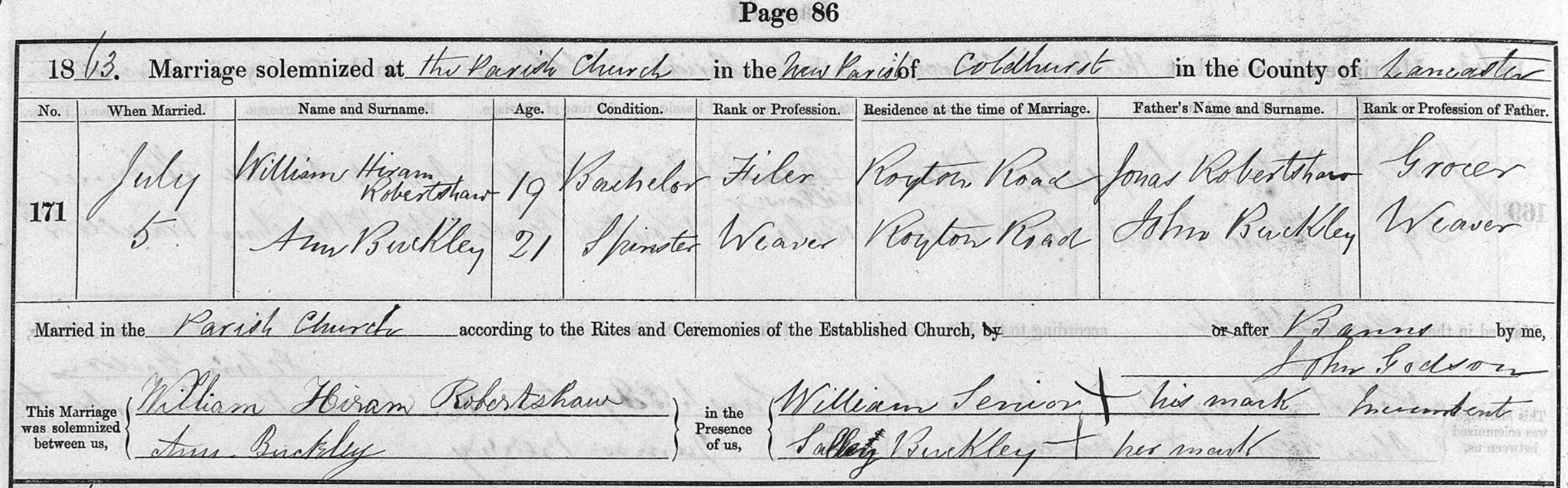 1863 marriage of Ann Buckley to William Hiram Robertshaw