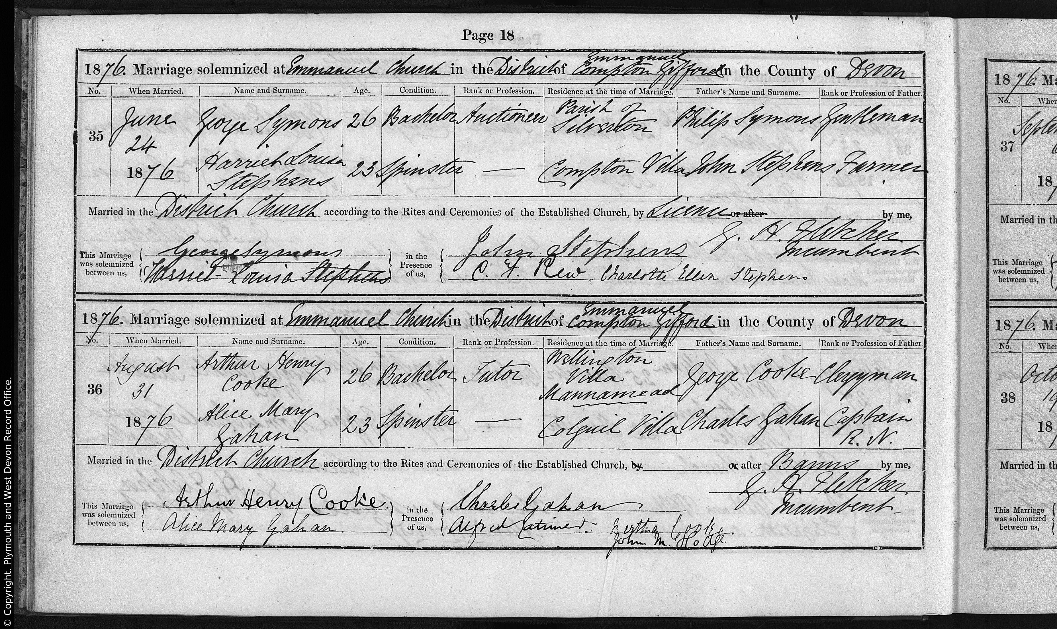 1876 marriage of Alice Mary Gahan to Arthur Henry Cooke
