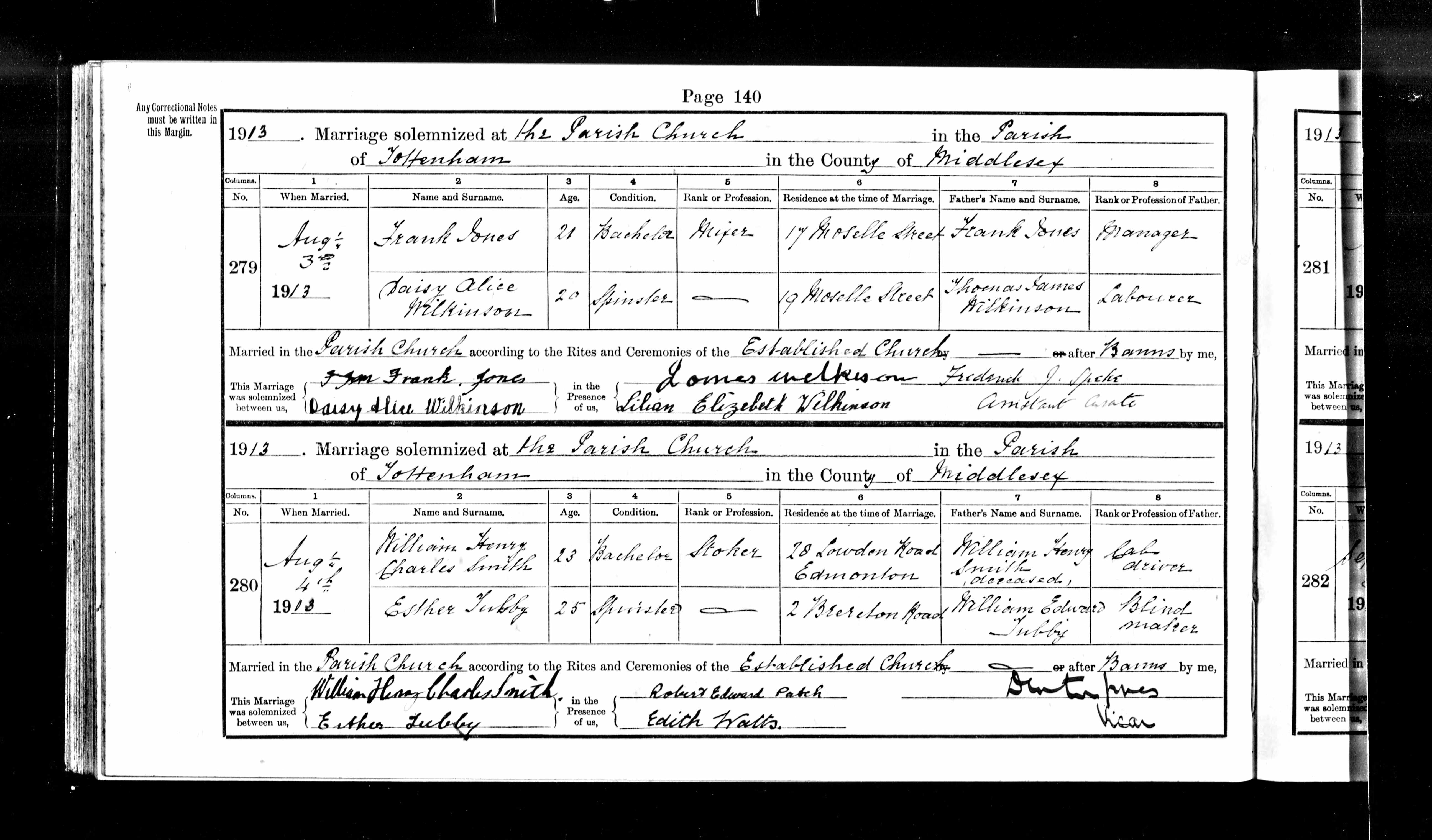 1913 marriage of Esther Tubby to William Henry Charles Smith