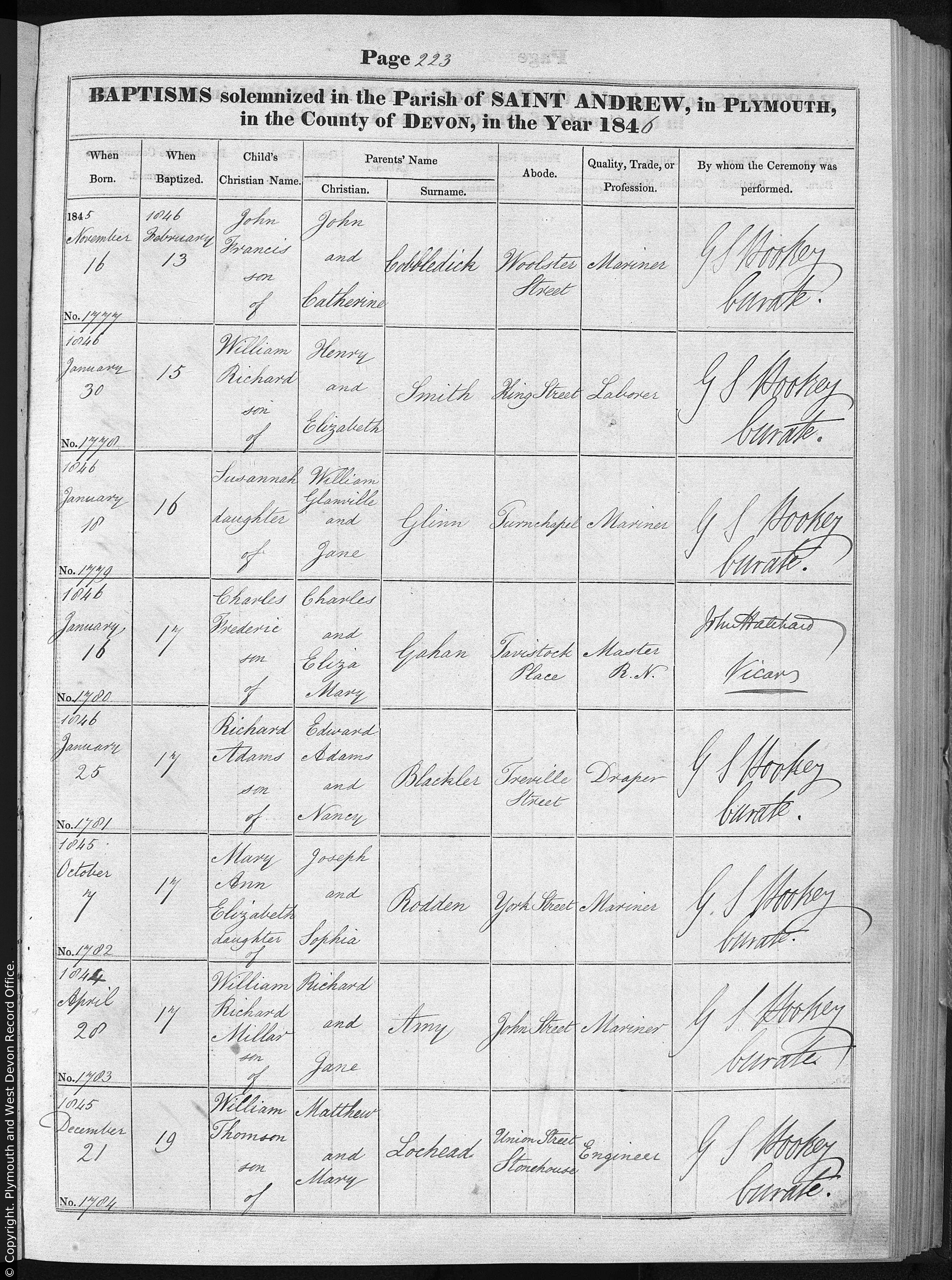 1846 baptism, Charles Frederic Gahan