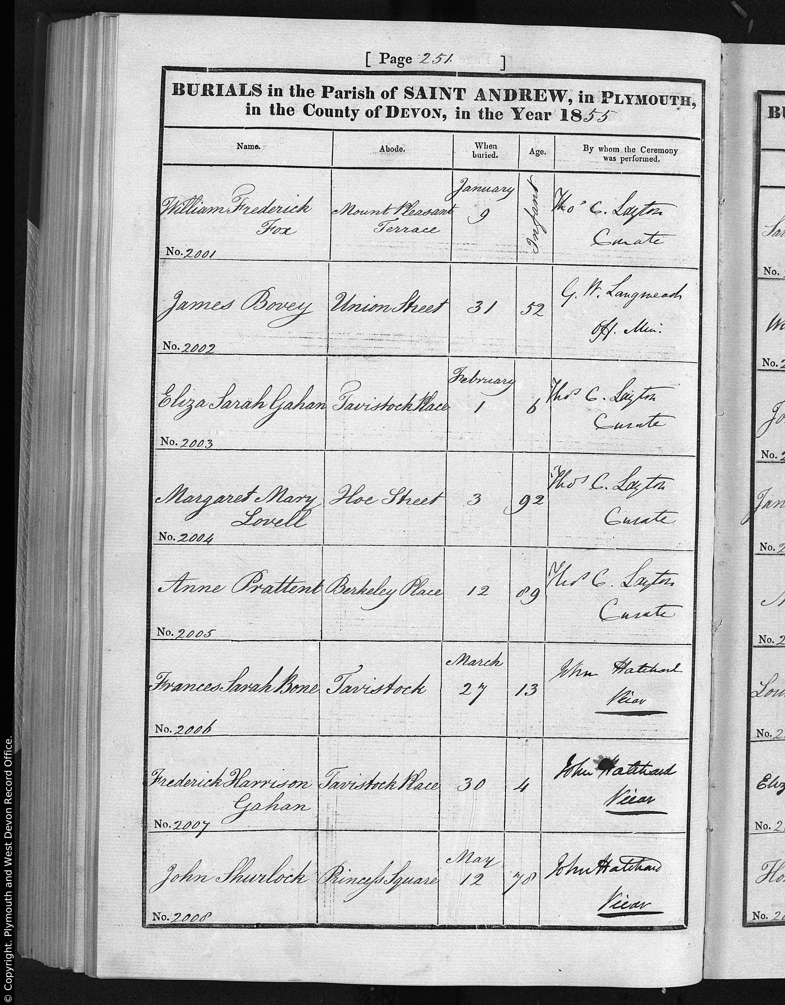 1855 burial, Eliza Sarah Gahan
