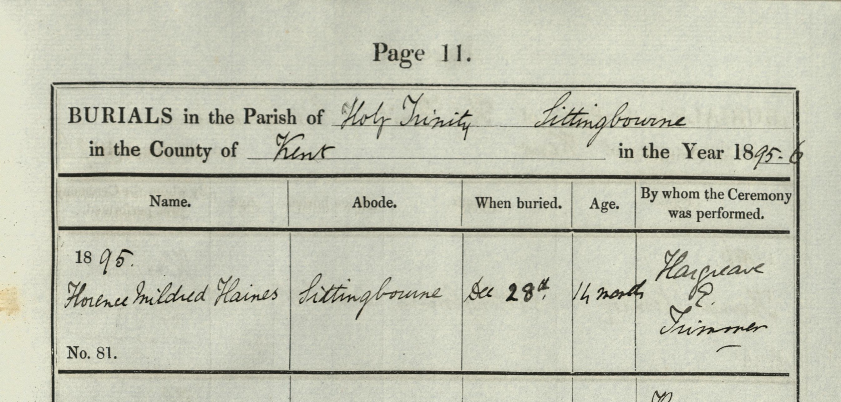 1895 burial, Florence Mildred Haines