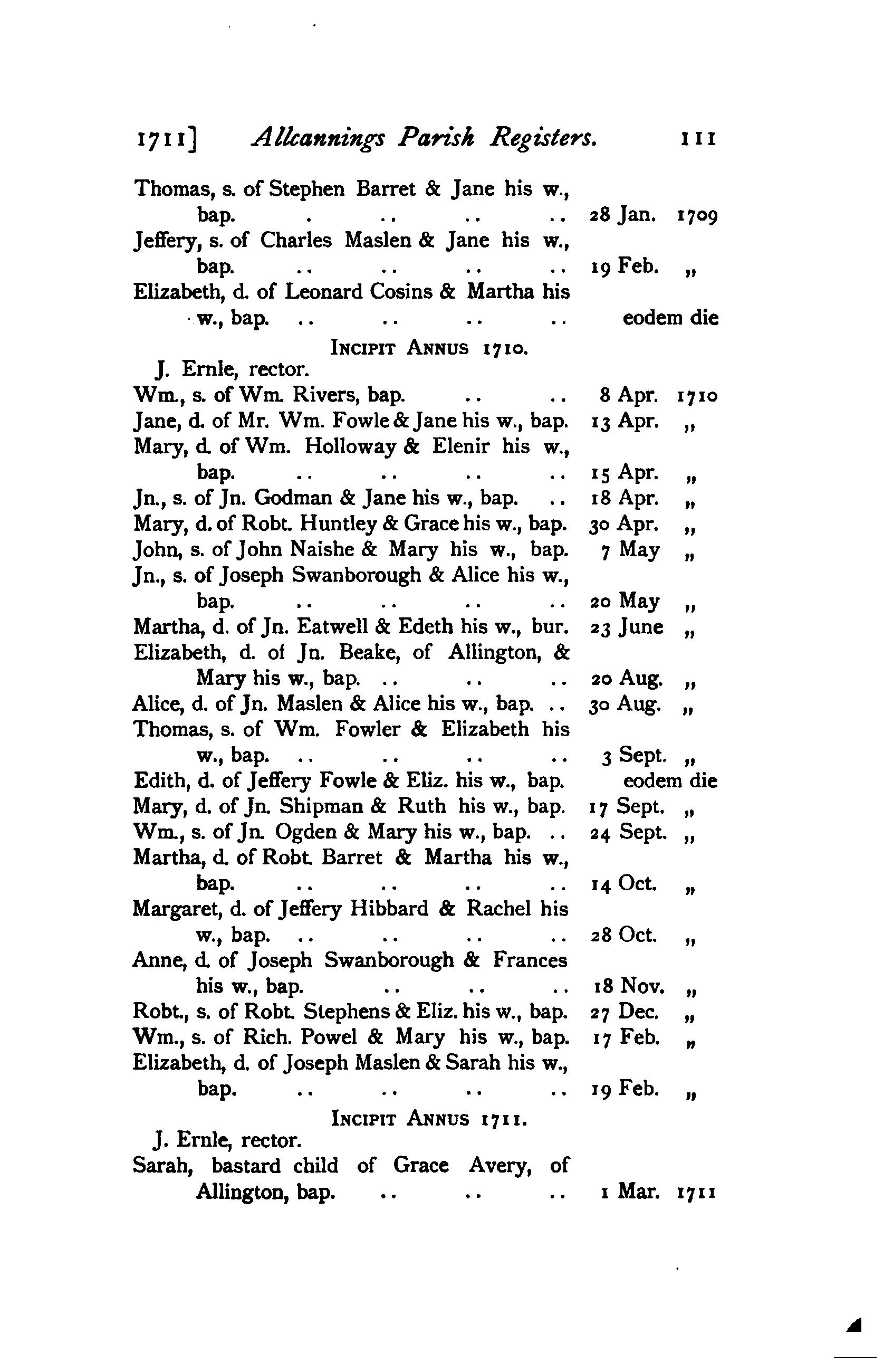 1905 transcript showing baptism of John Swanborough in 1710