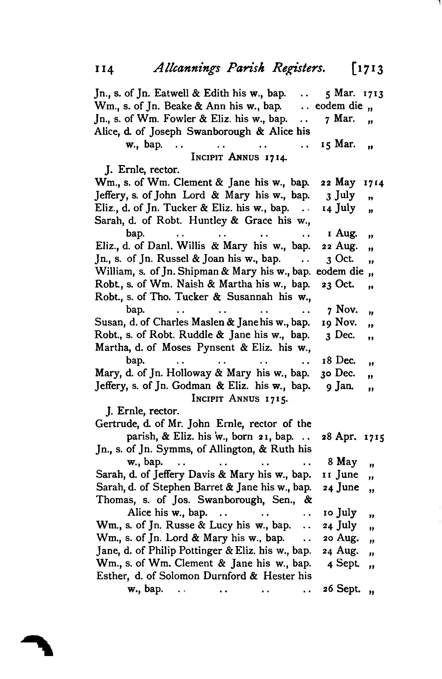 1905 transcript showing baptism of Alice Swanborough in 1713 and Thomas in 1715