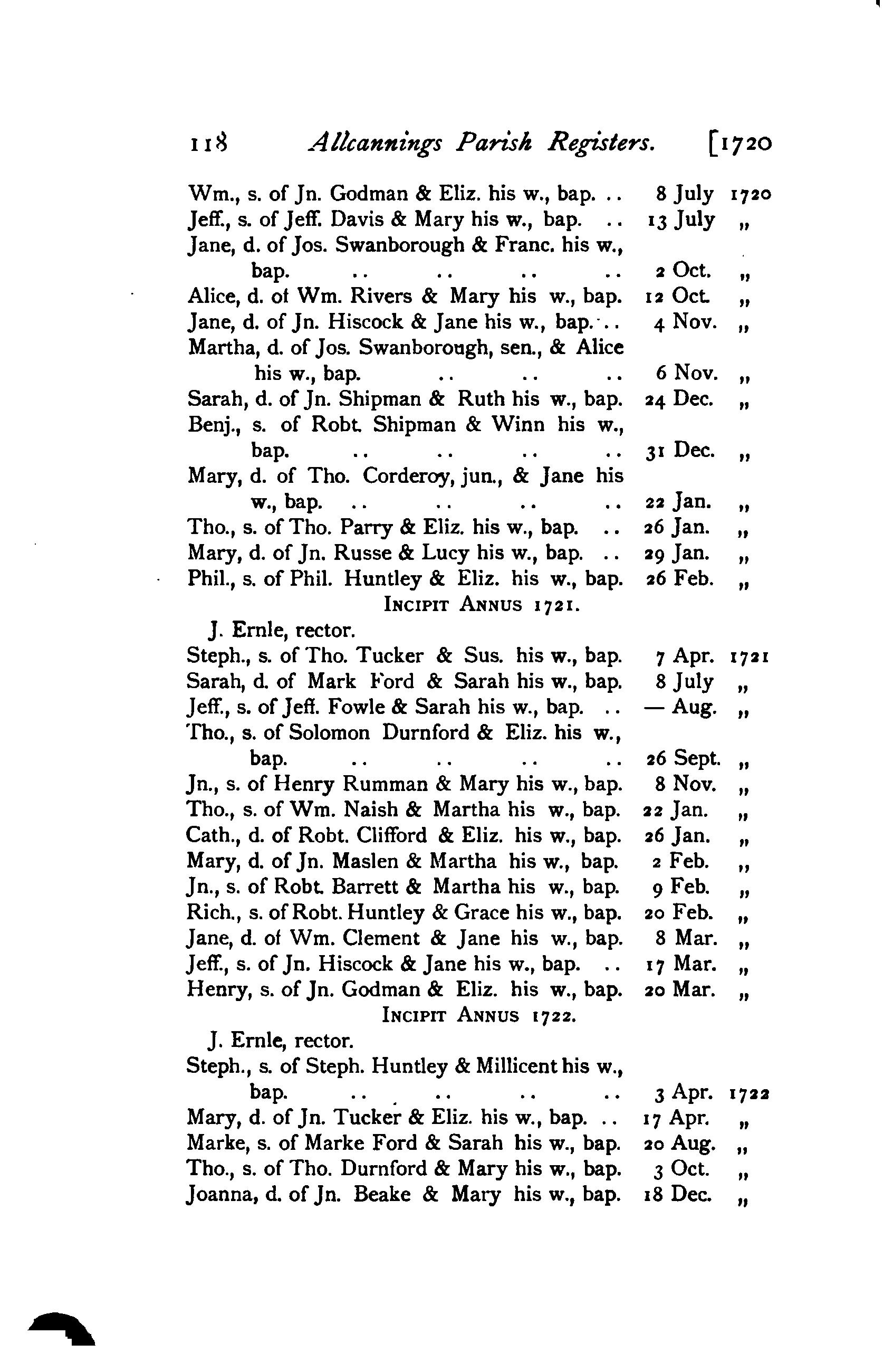 1905 Transcript showing baptism of Martha Swanborough in 1720