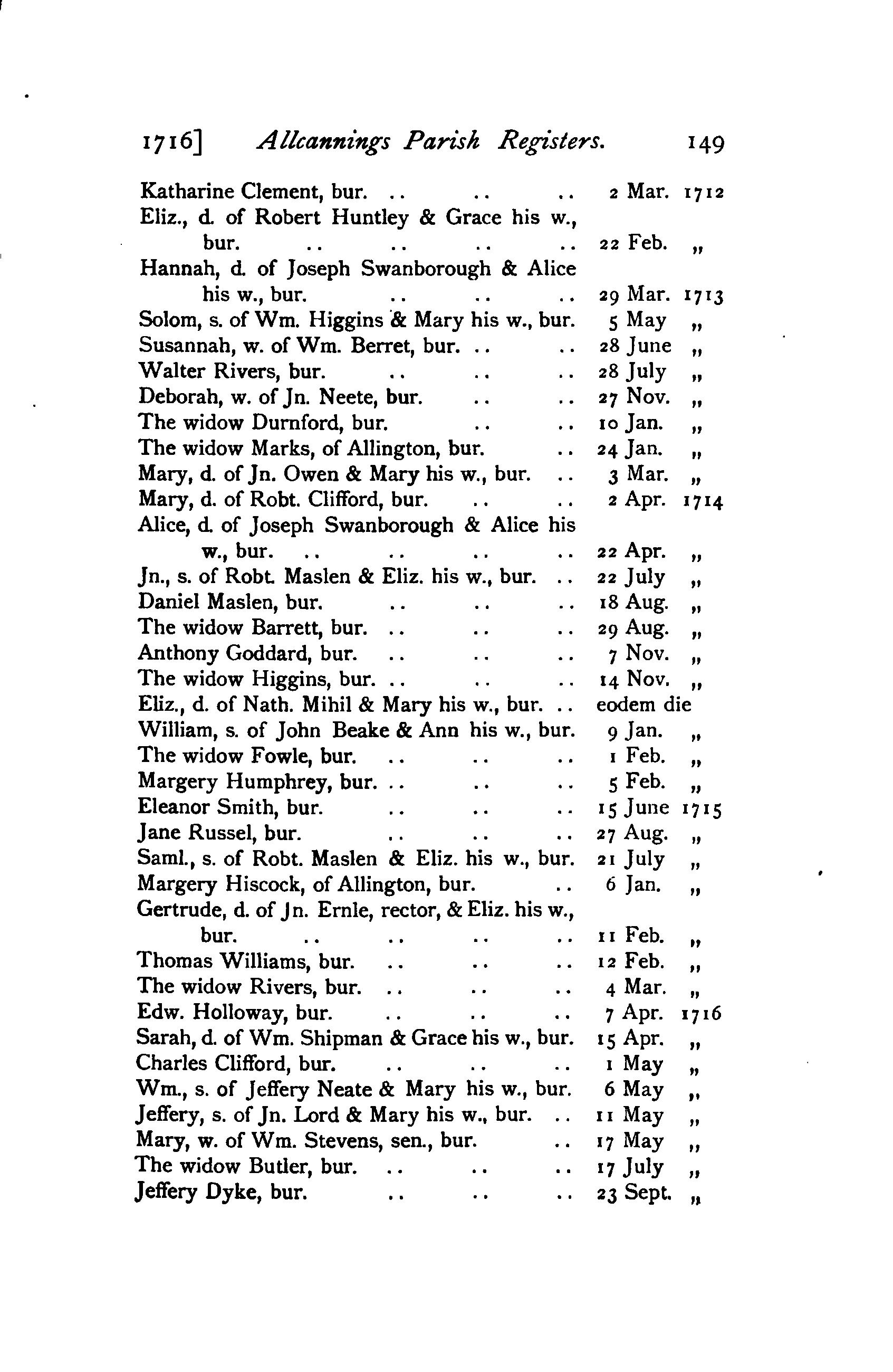 1905 Transcript of All Cannings parish registers showing deaths of Alice and Hannah Swanborough in 1712 and 1714