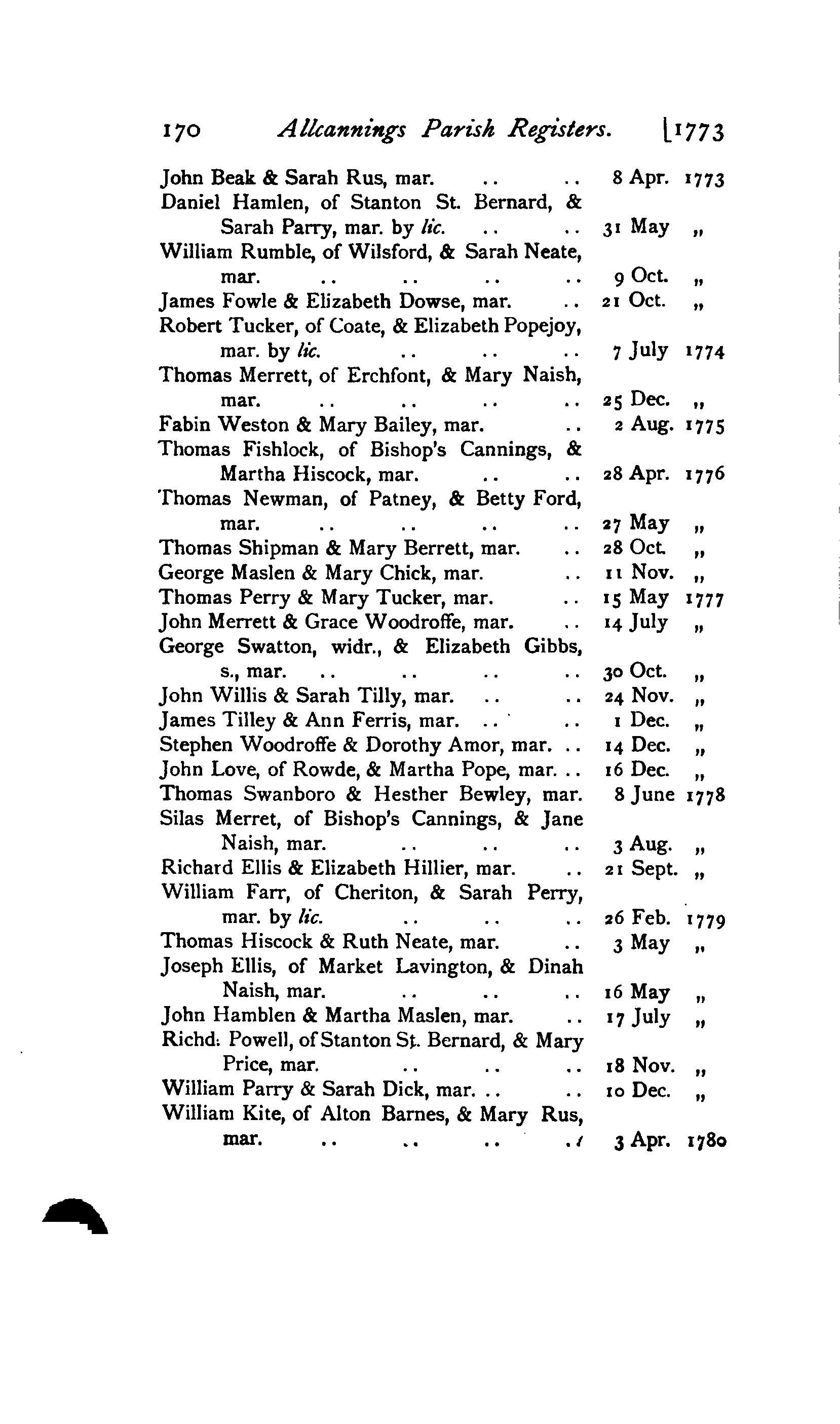 All Cannings parish registers - 1905 transcript - showing marriage of Thomas Swanboro & Hesther Bewley in 1778