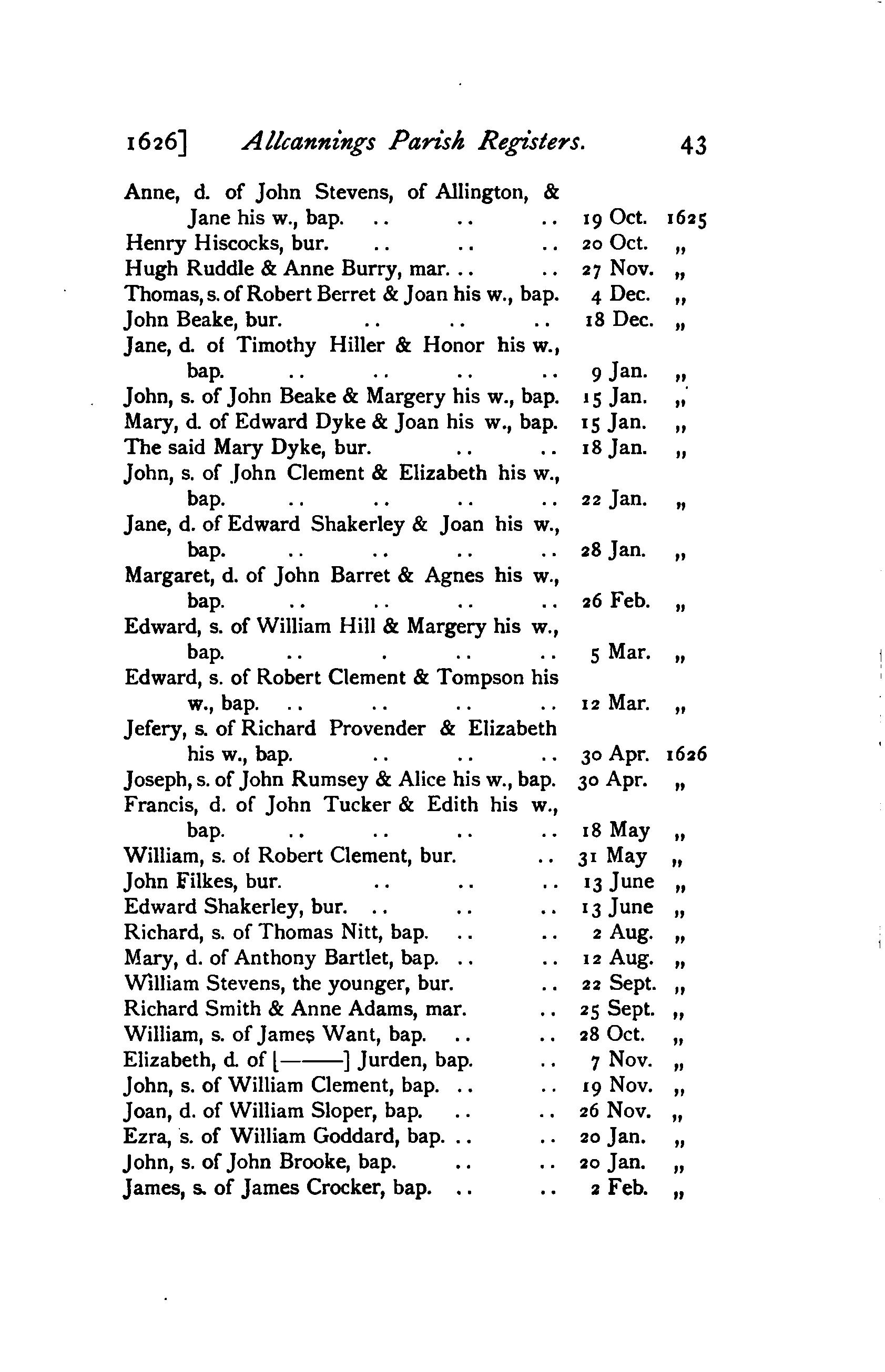 All Cannings parish registers transcribed in 1905 showing 1626 baptism of Francis Tucker