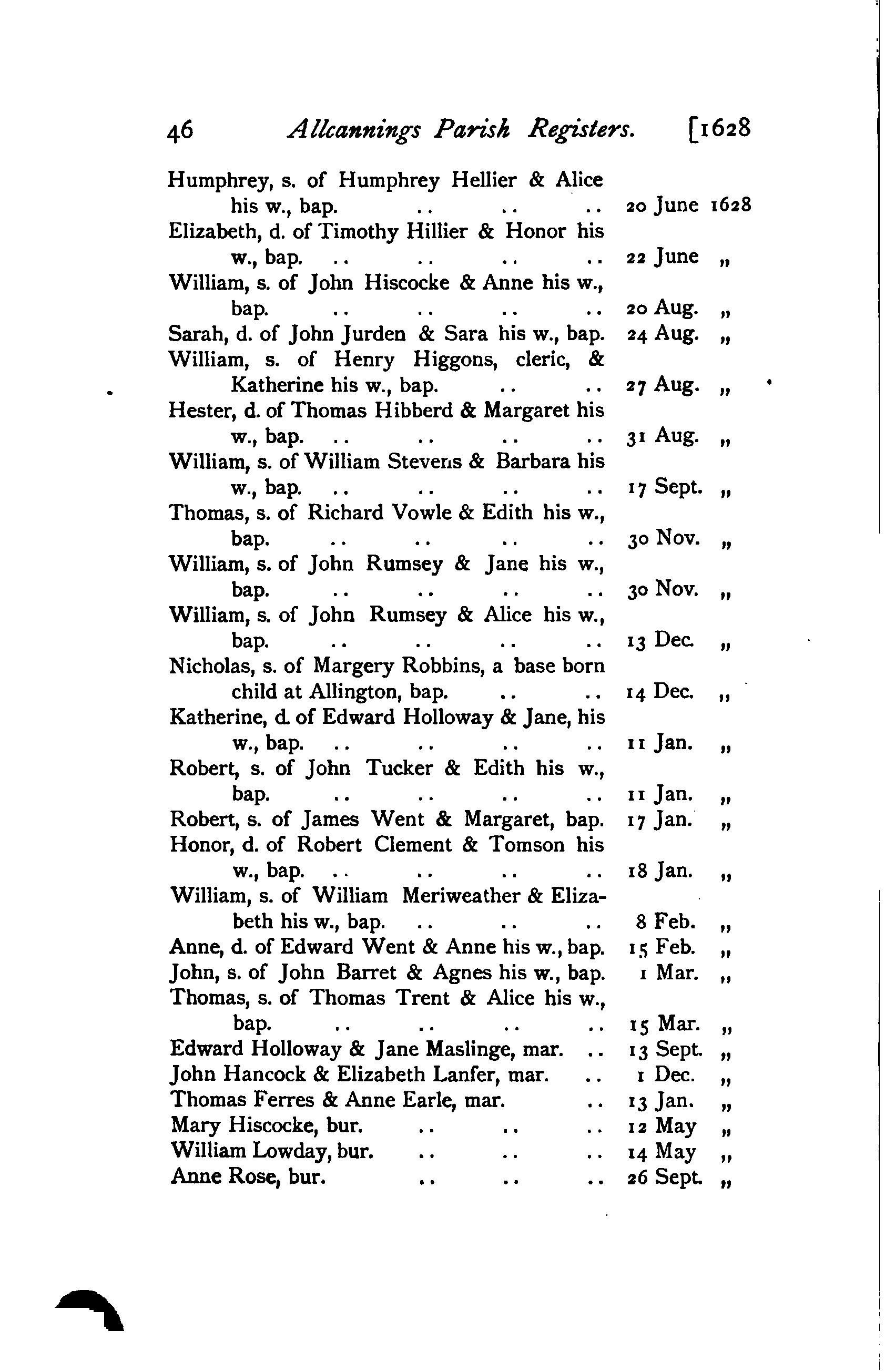 All Cannings parish registers transcribed in 1905 showing 1628 baptism of Robert Tucker