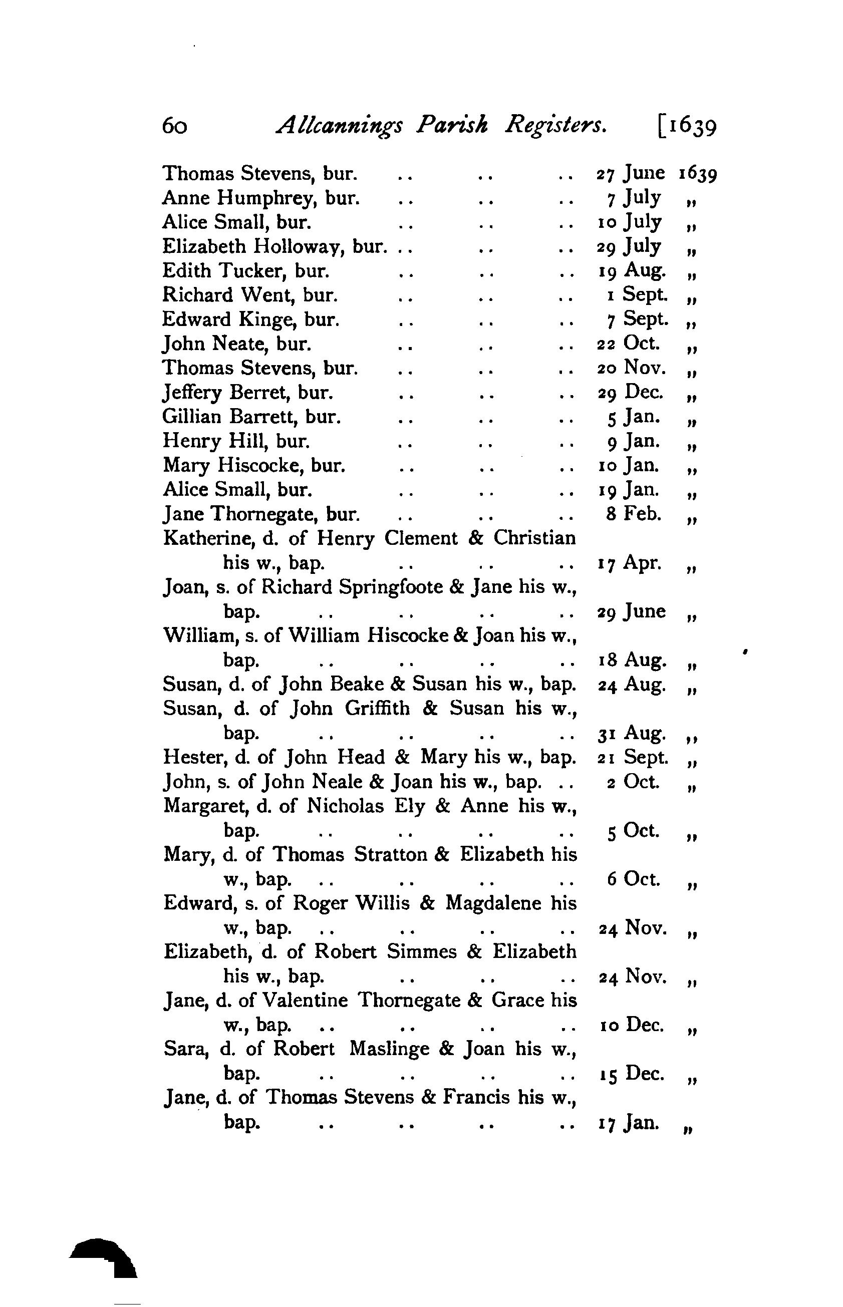 All Cannings parish registers transcribed in 1905 showing 1639 burial of Edith Tucker