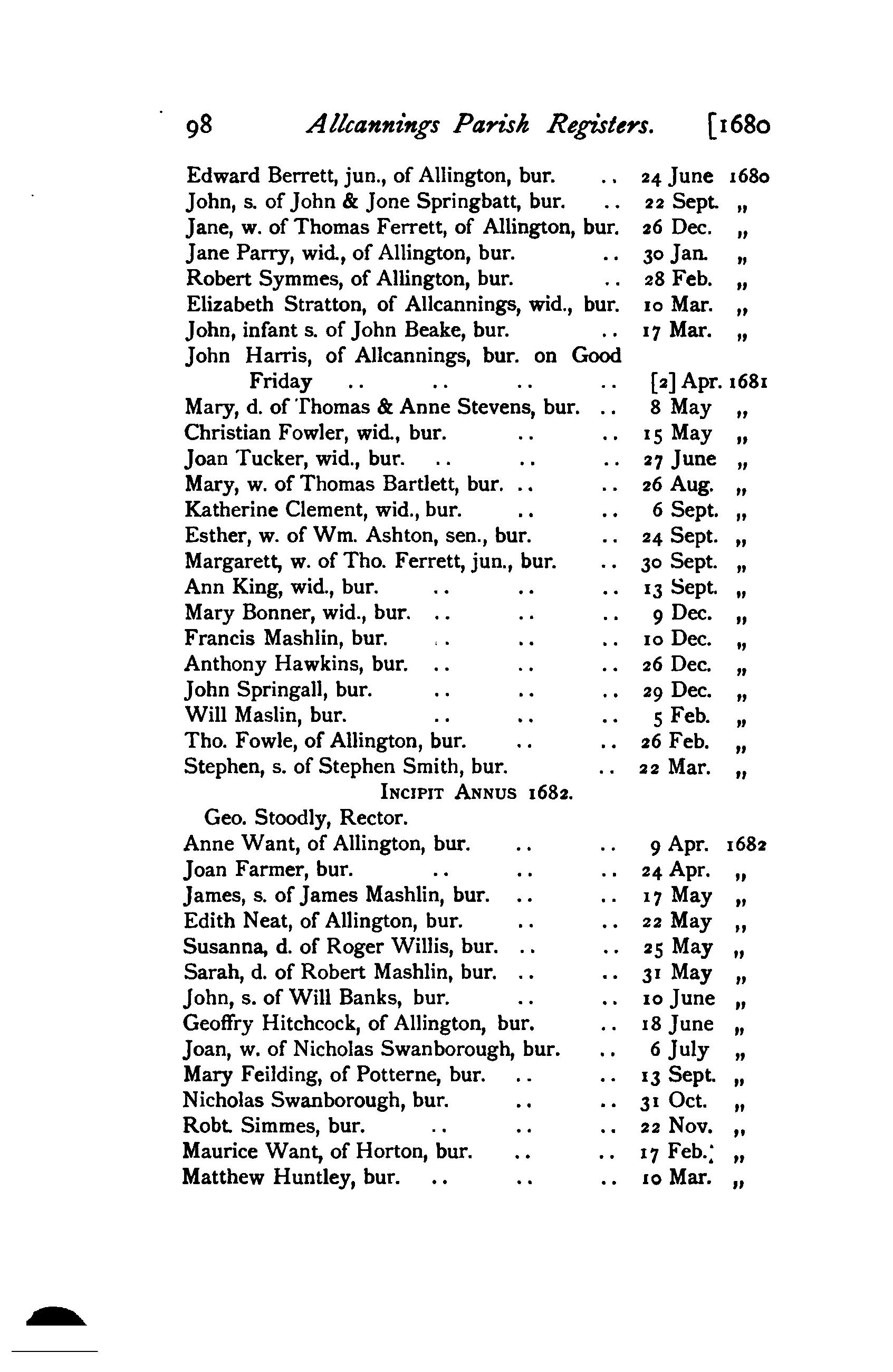 All Cannings parish registers transcribed in 1905 showing 1681 burial of Joan Tucker, widow