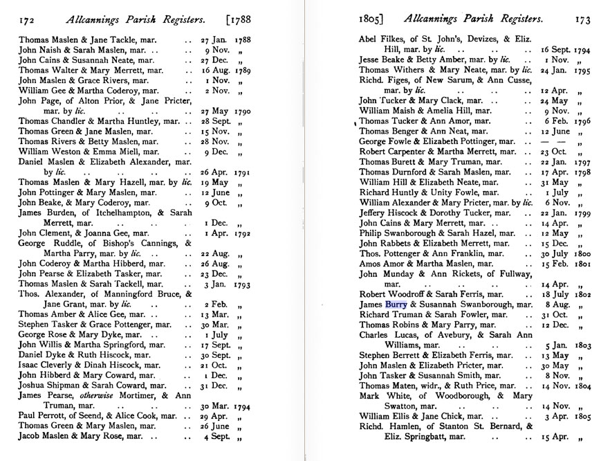 James Burry and Susannah Swanborough marriage record in the 1905 transcript of the Allcannings parish registers
