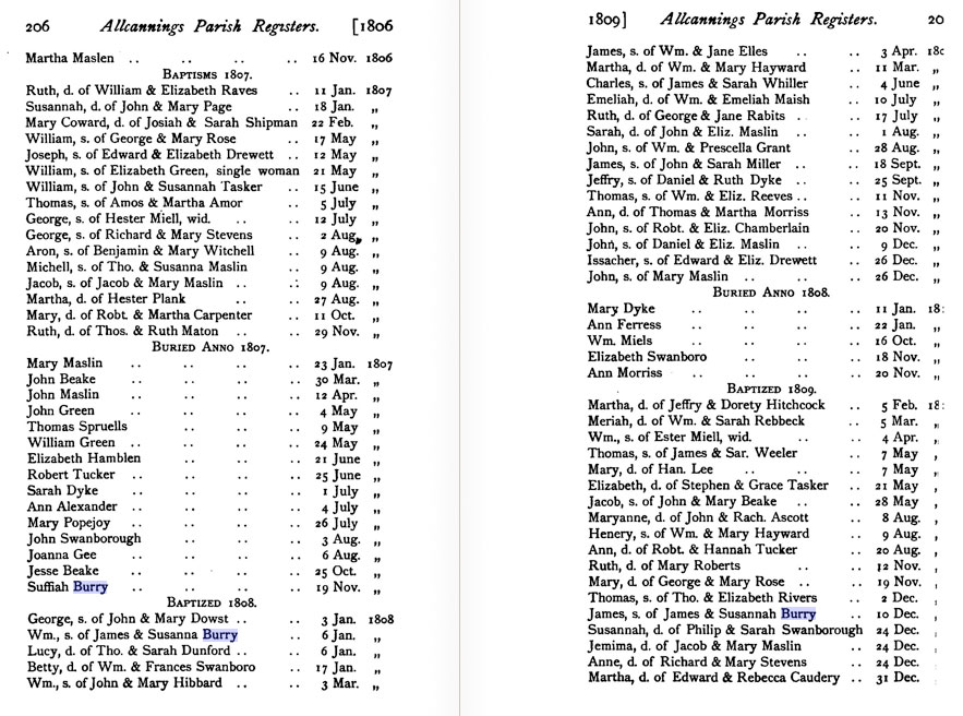 William and James Burry baptisms in 1905 transcript if Allcannings parish registers.