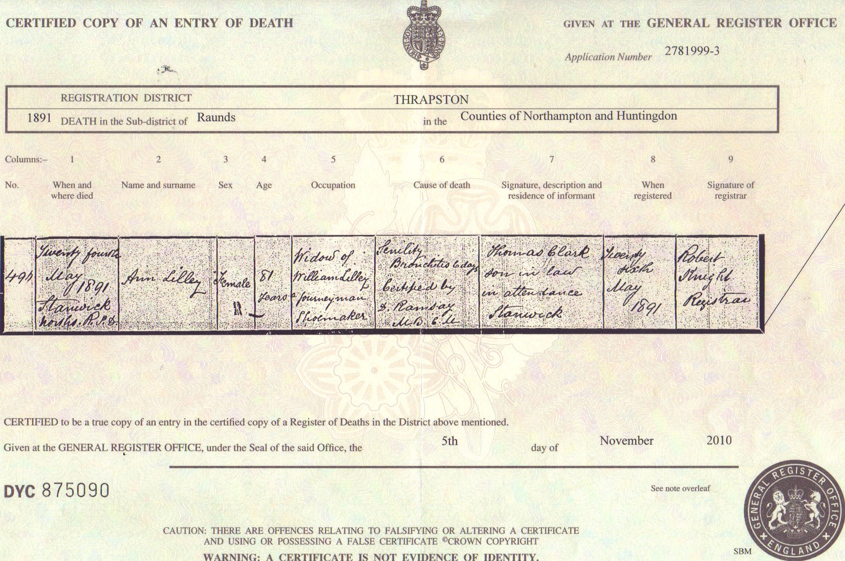 Ann Lilley - death 1891 aged 81 certificate
