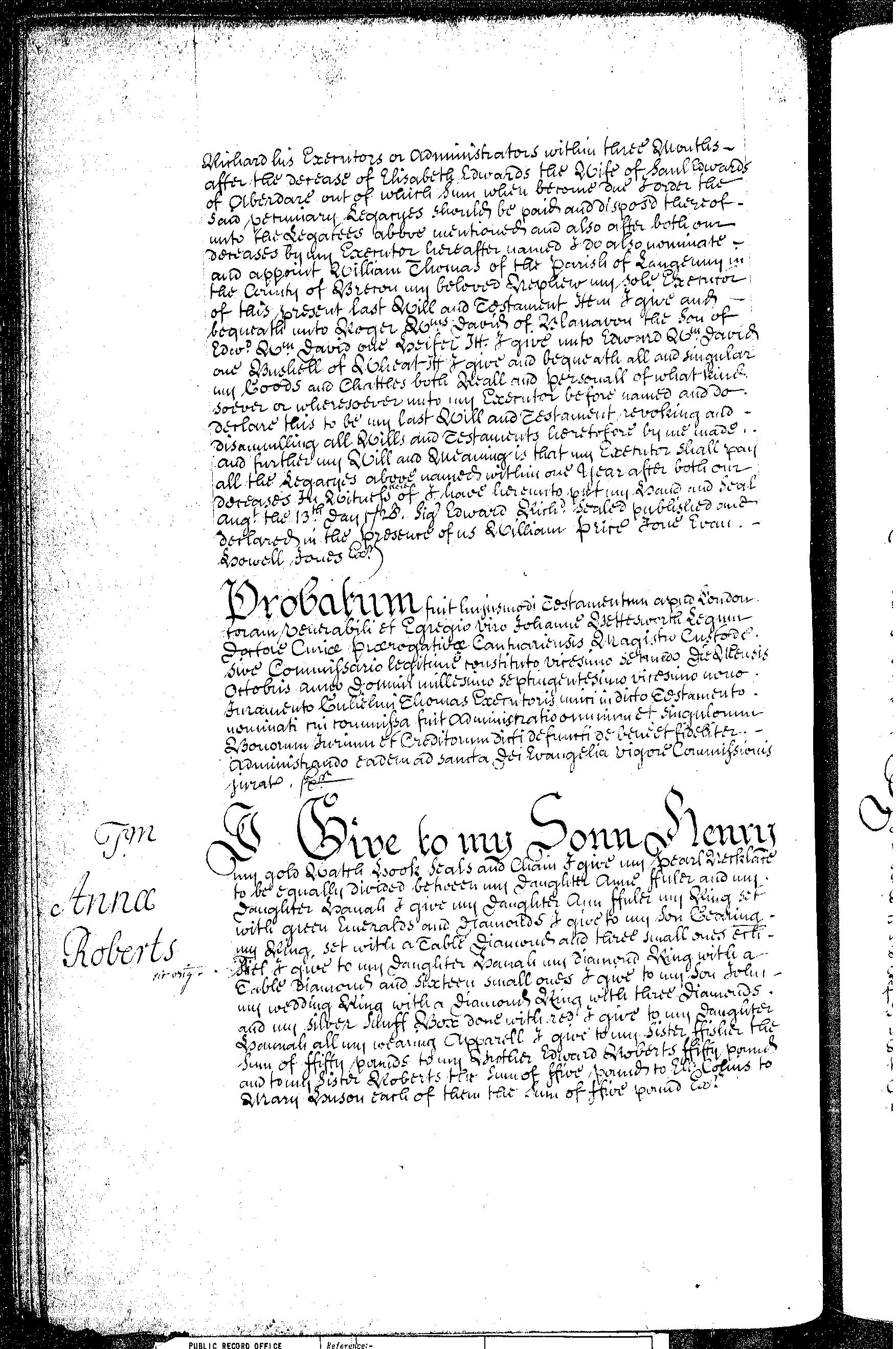 The 1729 will of Ann Roberts, leaving her gold watch to Sonn Henry. Page 1