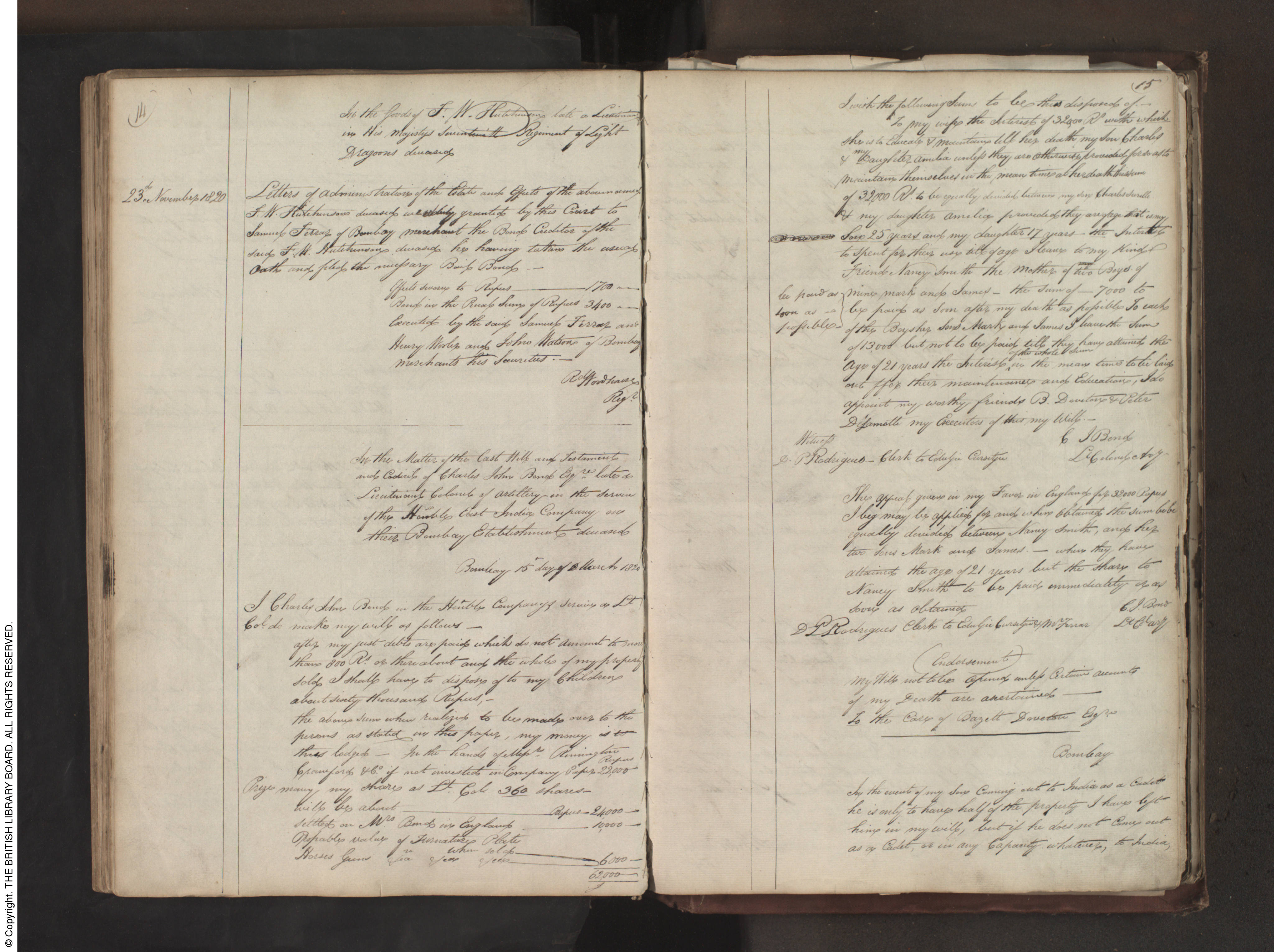 Probate record for Lieutenant Charles John Bond in 1820