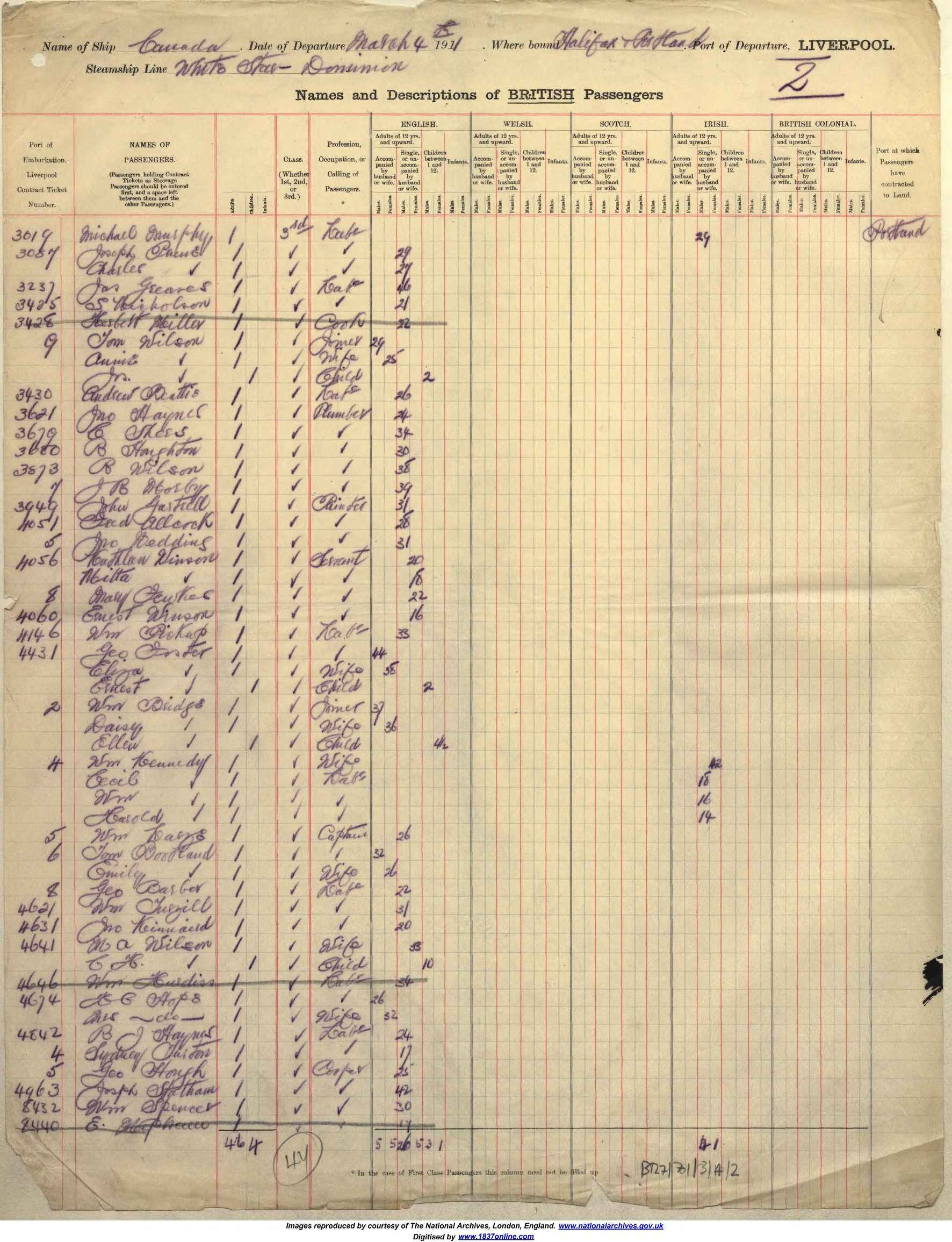 Passenger list showing a William and Daisy Bridge + child Ellen (aged 4) bound for Portland, USA on 4 March 1911.