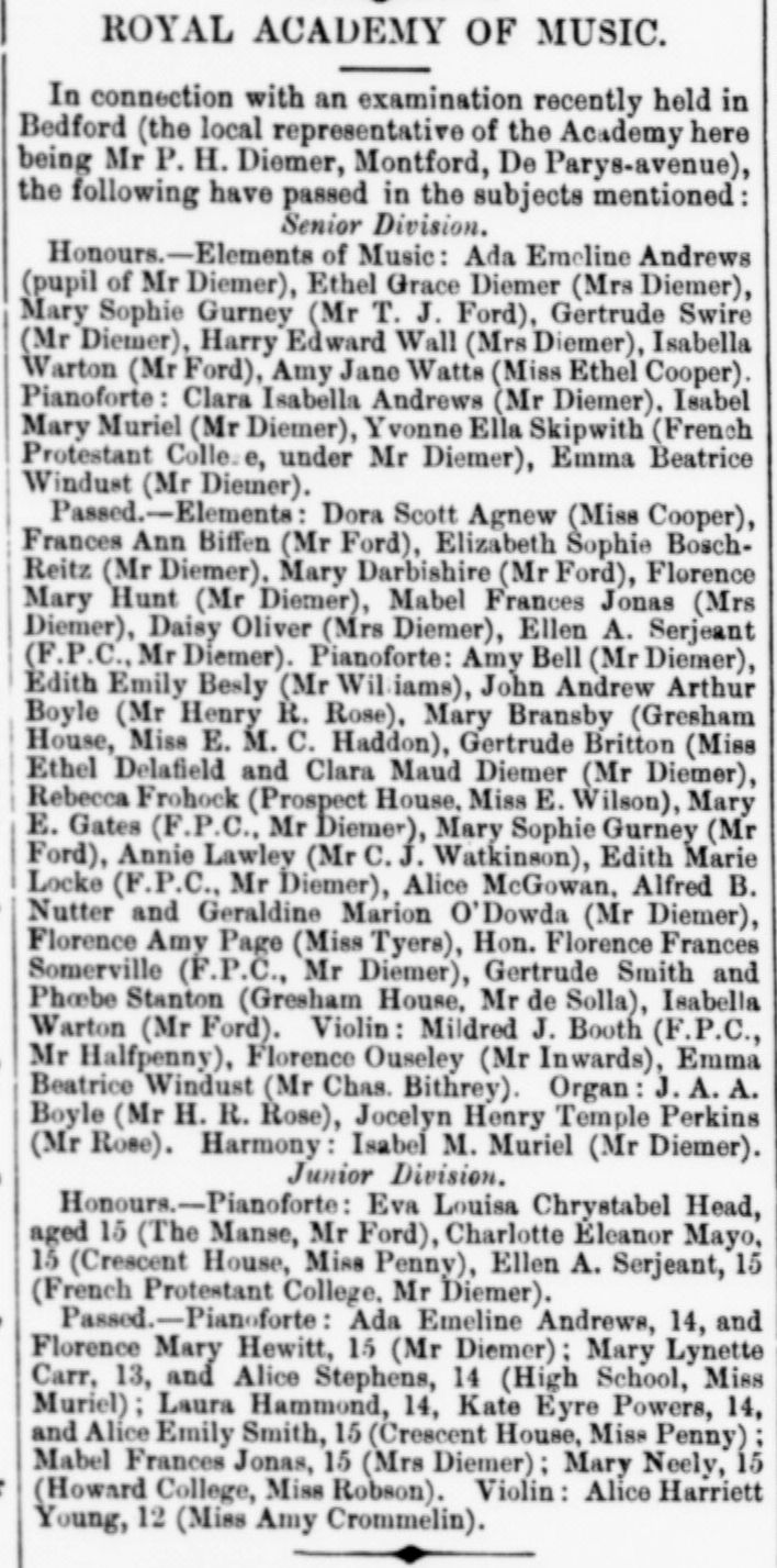 Mabel Frances Jonas achieved well in music as a teenager. Bedfordshire Mercury 25 June 1887.