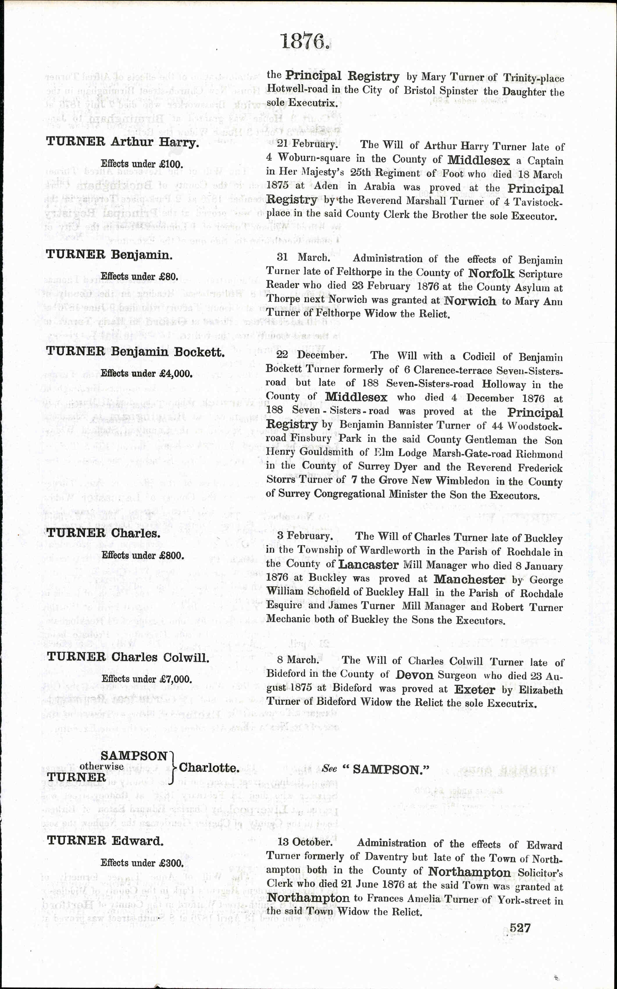 Probate record for Benjamin Bockett Turner who died 4 Dec 1876.