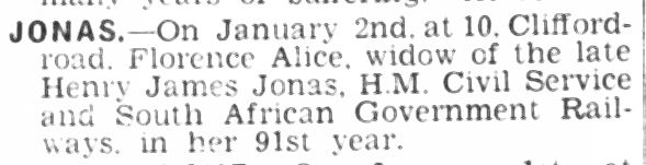 Florence Alice Jonas (neé Gurney) death announcement in the Bexhill-on-Sea Observer of 7 Jan 1939