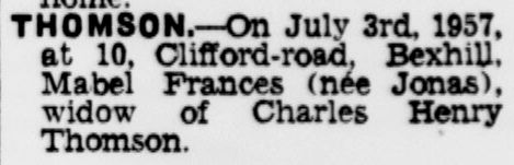 Death of Mabel Frances (née Jonas) in the Bexhill-on-Sea Observer 13 July 1957