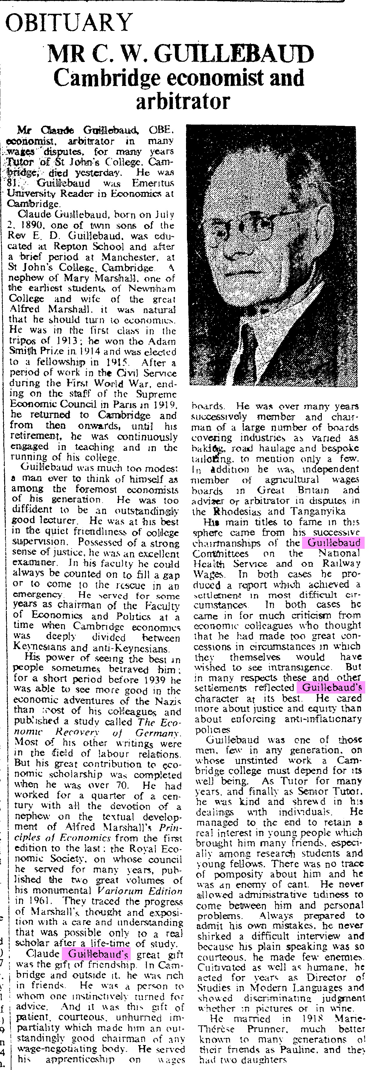 The obituary of Claude Guillebaud, economist, in The Times, 24 Aug 1971