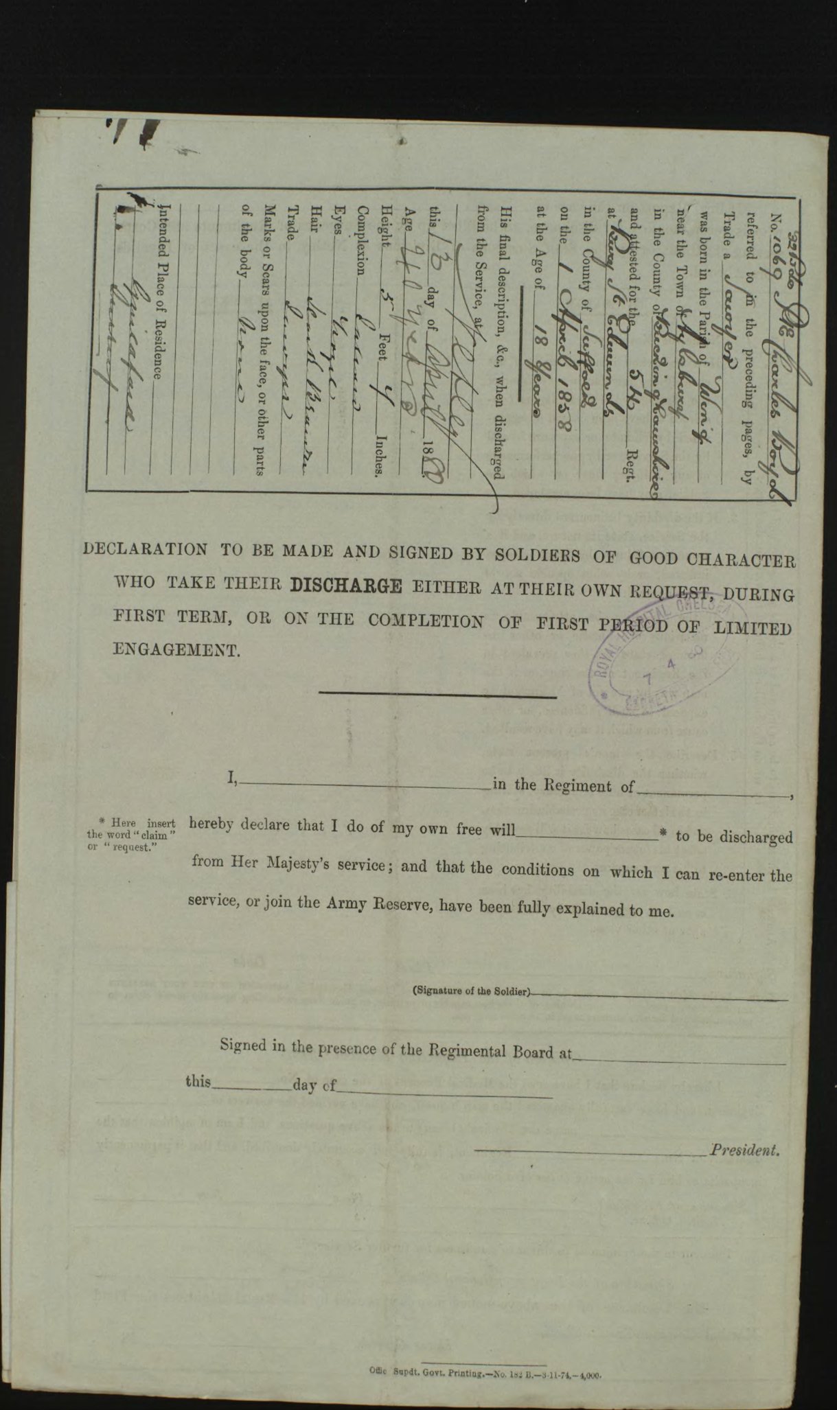 British Army service records for Charles Boyd 1858-80, page 5