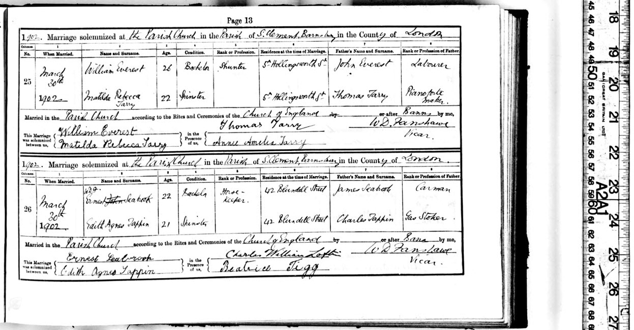 Edith Agnes Tappin and Ernest Seabrook marriage in 1902, witnessed by Charles William Loftin and Beatrice Figg. Also shows Ernest’s father to be James Seabrook, a carman.