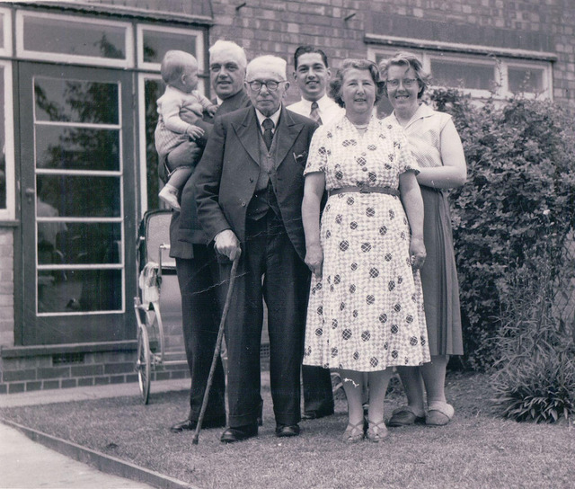 Fred Craddock with baby Nigel, Herbert Baxter, Dermot C,  Marjorie, Ronnie C (Née Shaw) c.1957