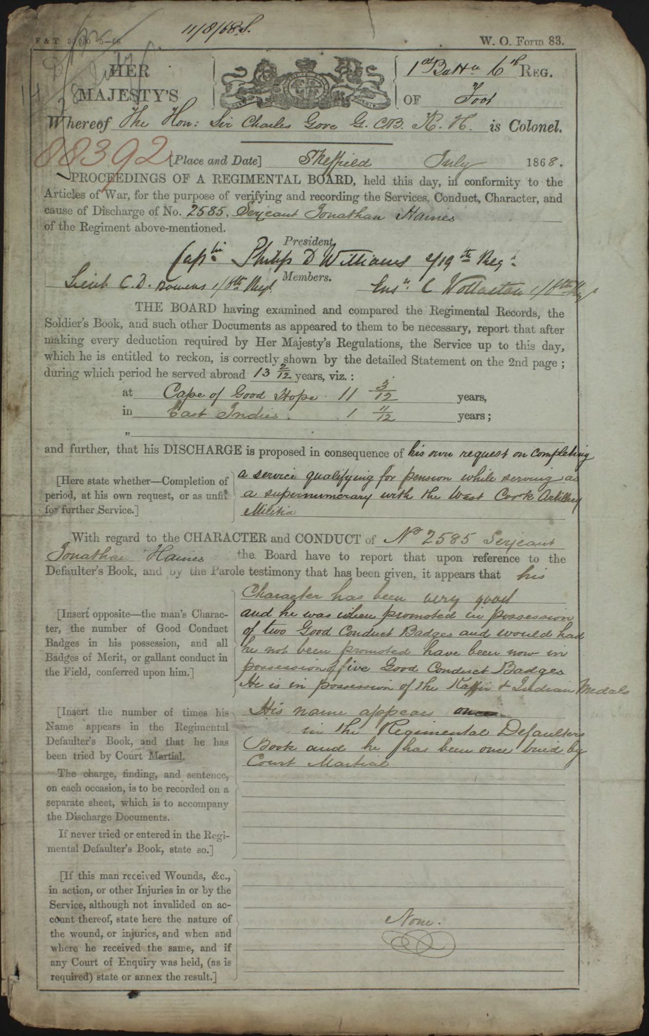 Service record of Jonathan Haines, page 1, 1868