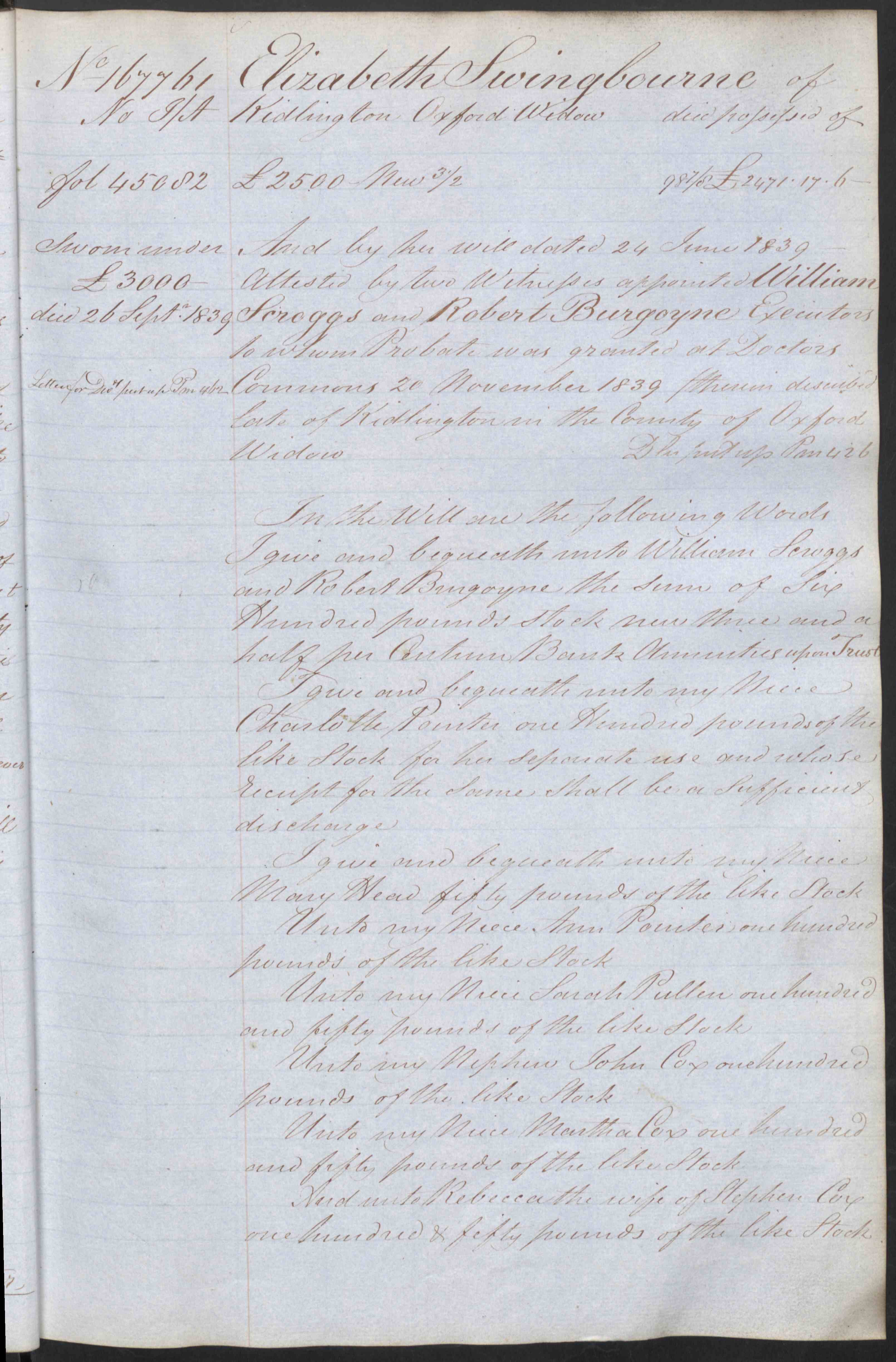 Will of Elizabeth Swingbourne 1839