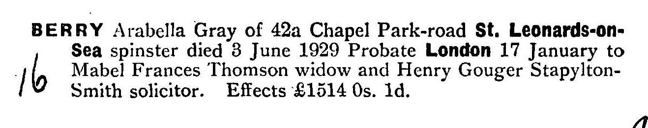 Probate for Arabella Berry who died in 1929