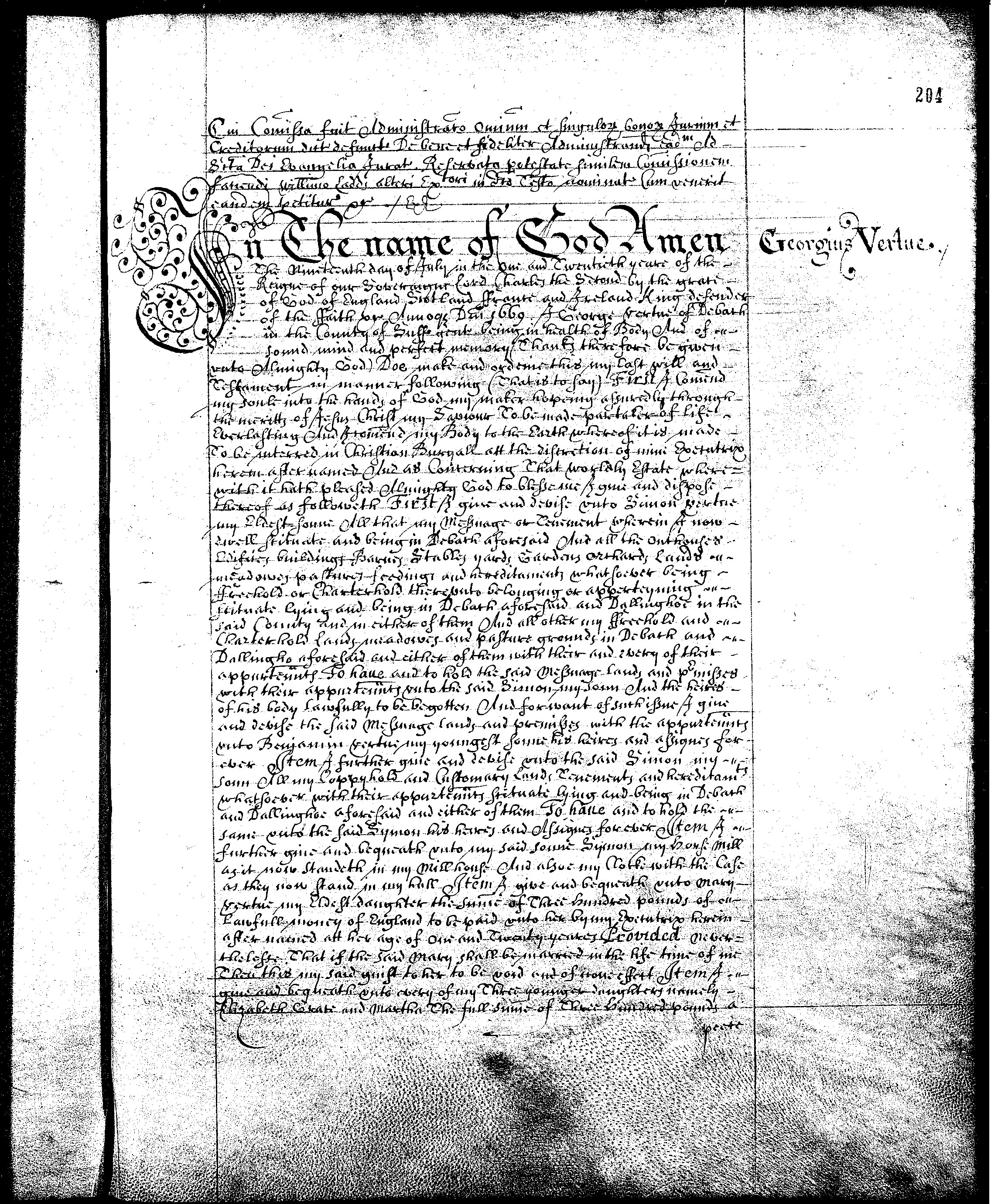 The last will and testament of Georgius Vertue, 1669 in which he confirms names of children and wife Mary as well as showing his ownership of a shipbuilding business and various land/messuages. Page 1