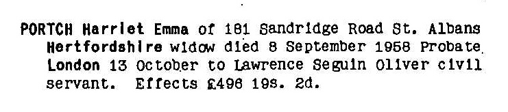Probate record shows Harriet Emma Portch (née Elborn) was living with son Lawrence Oliver in 1958