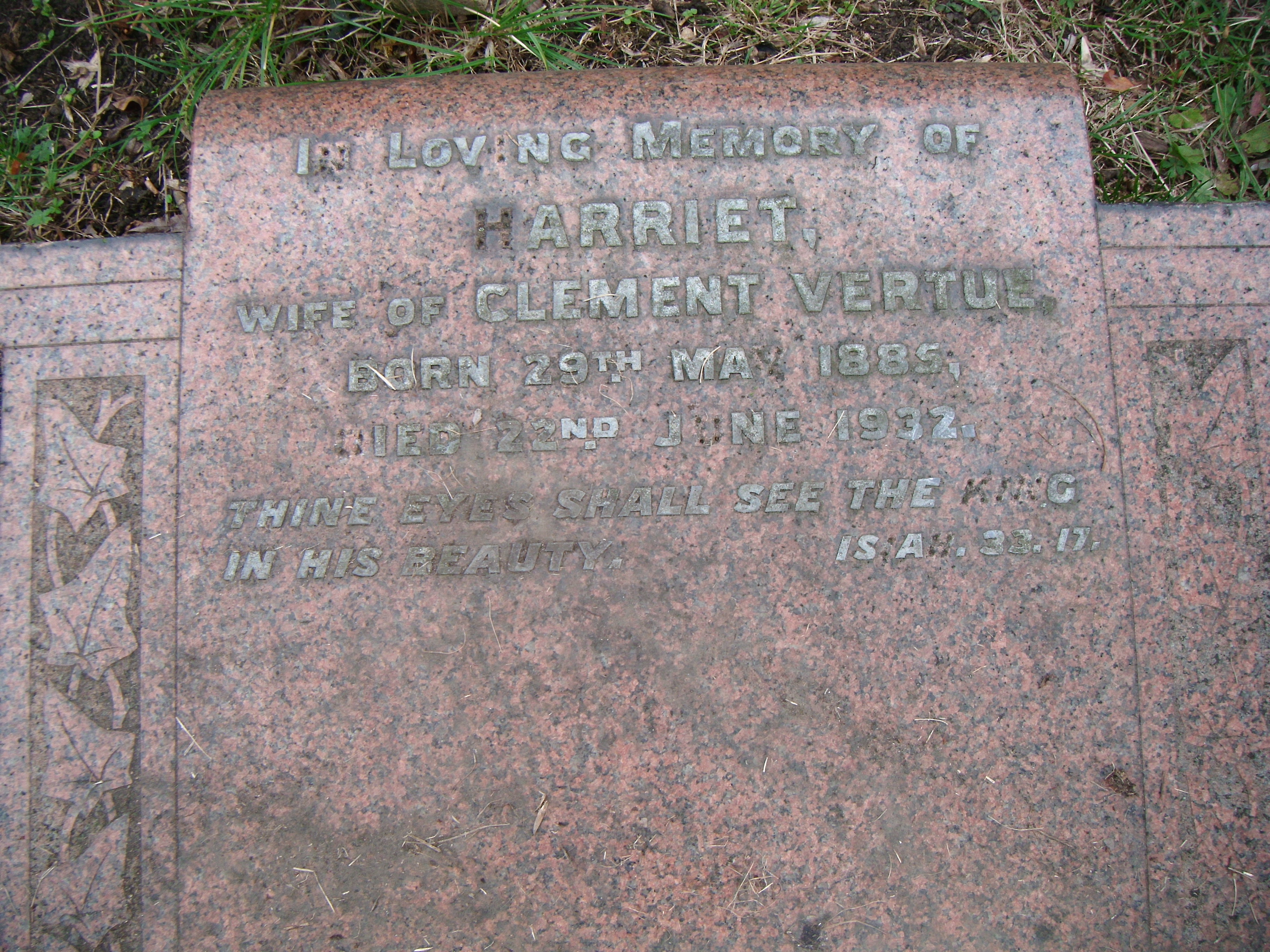 The grave of Harriet Vertue, wife of Clement Vertue, who died in 1932 at West Norwood Cemetery